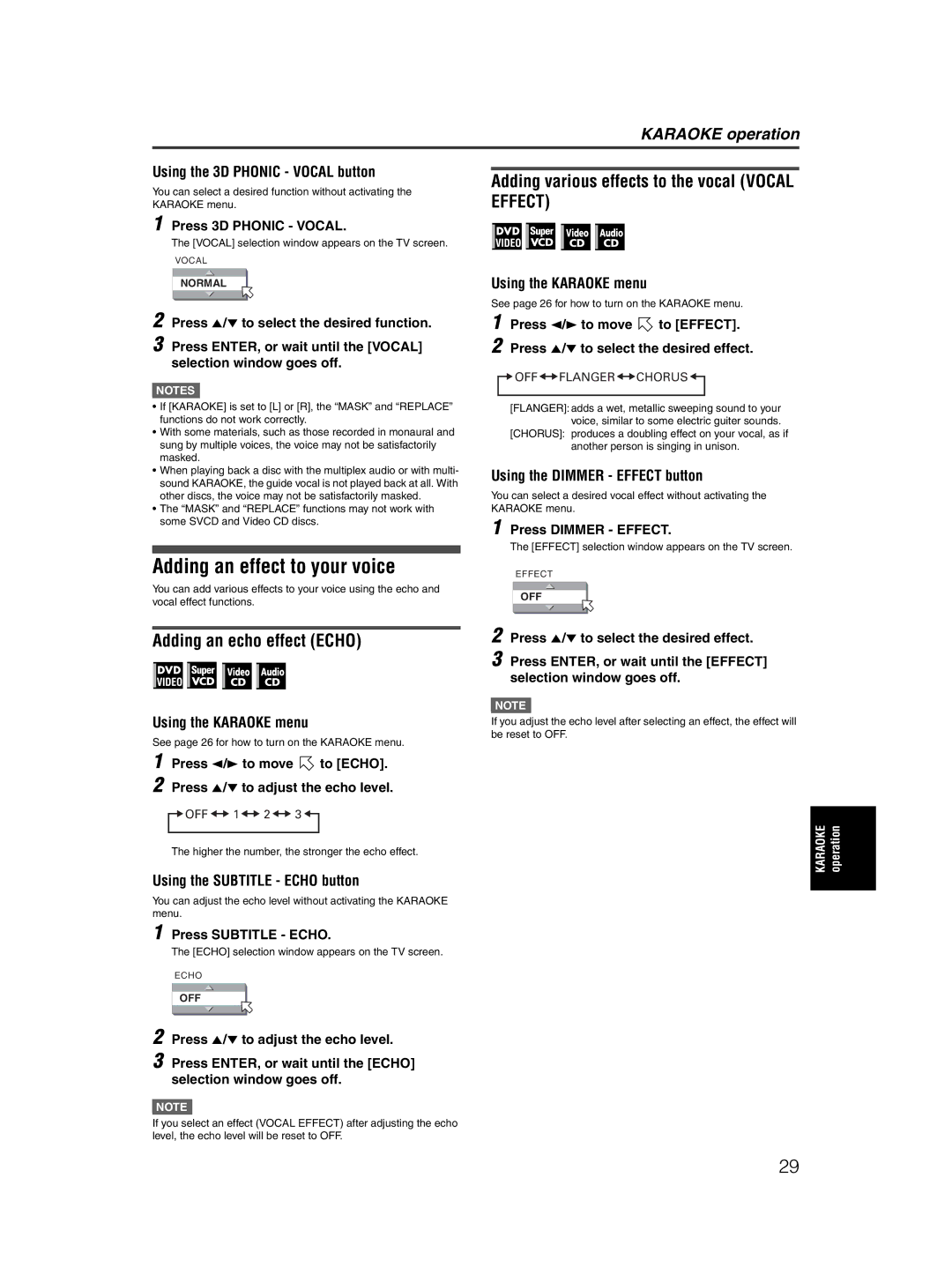 JVC XV-MK5GSL manual Adding an effect to your voice, Adding an echo effect Echo, Using the Dimmer Effect button 