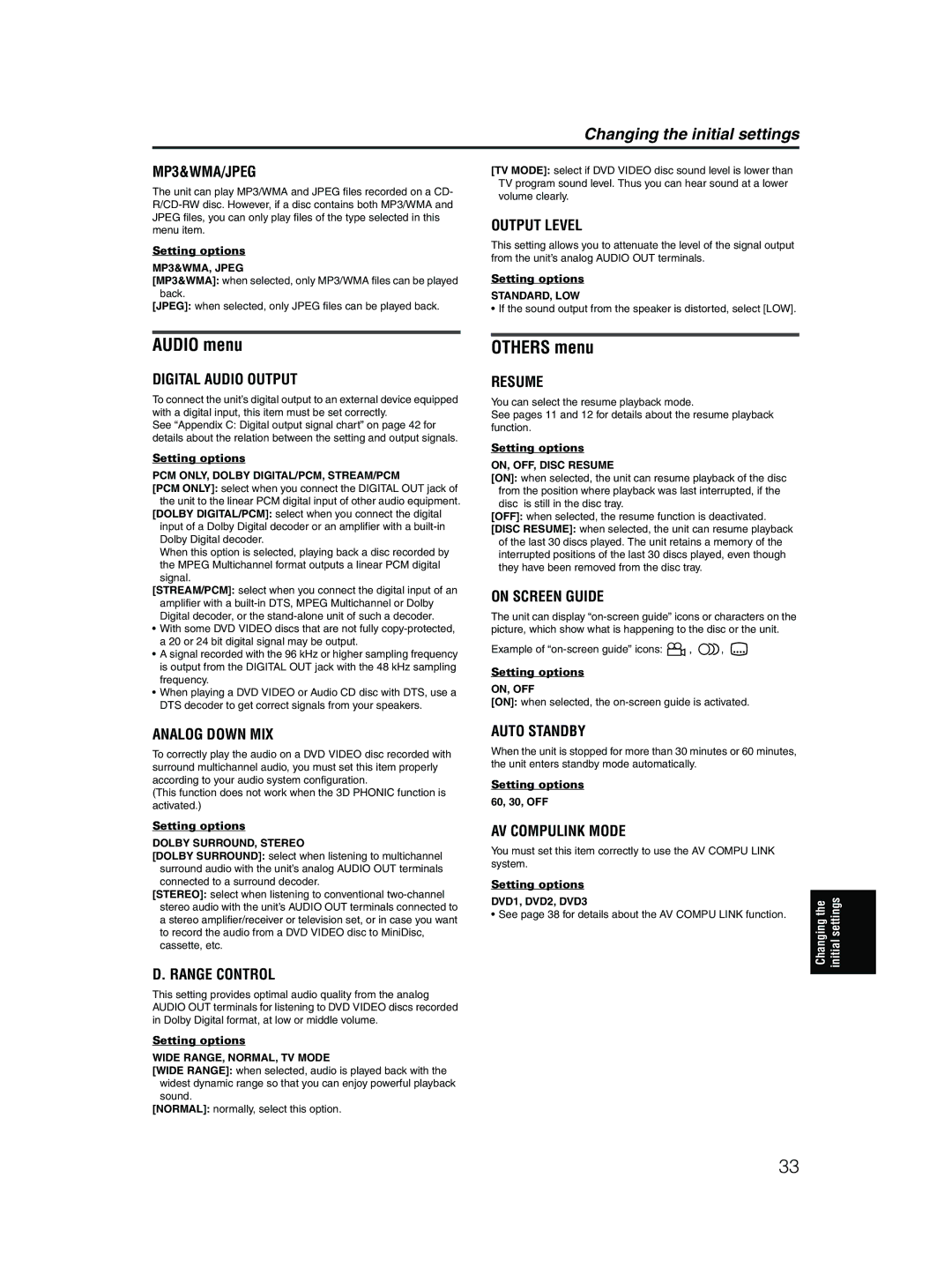 JVC XV-MK5GSL manual Audio menu, Others menu 