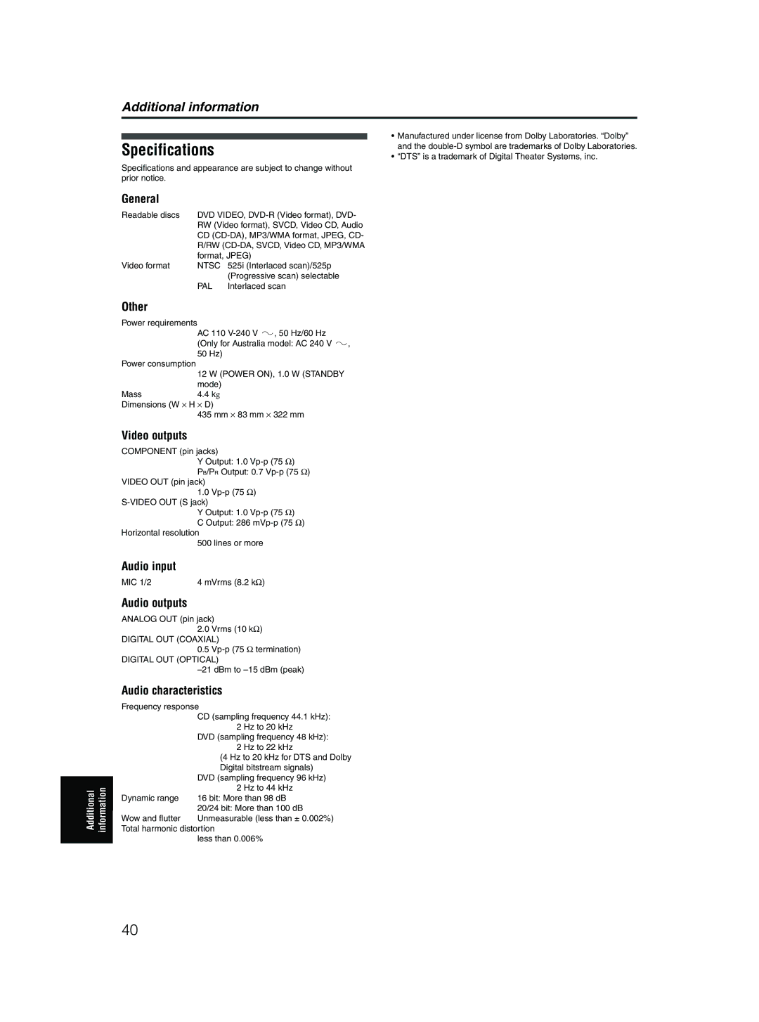 JVC XV-MK5GSL manual General, Other, Video outputs, Audio input, Audio outputs, Audio characteristics 