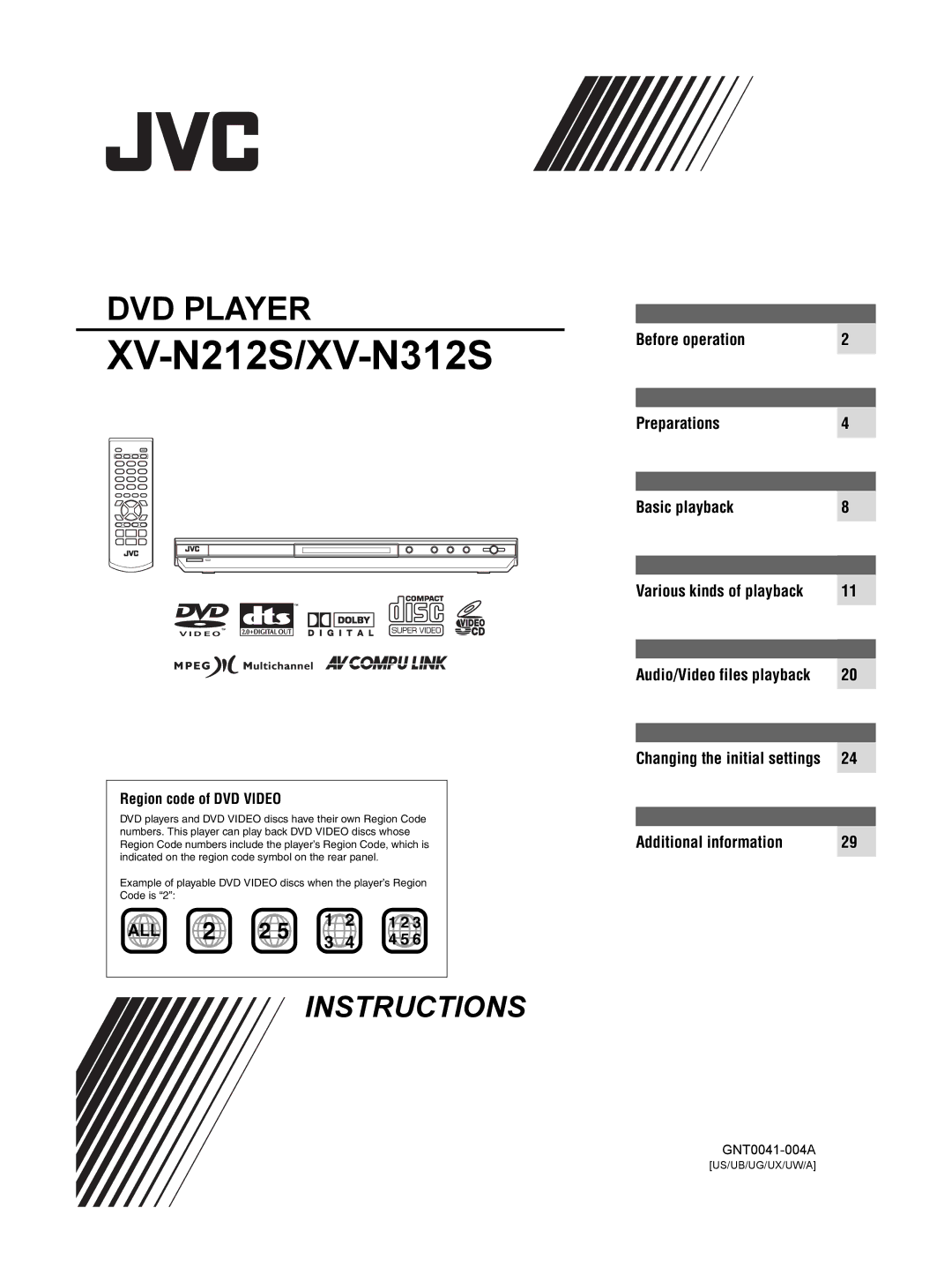 JVC XV-N212S manual Region code of DVD Video, Audio/Video files playback Changing the initial settings 