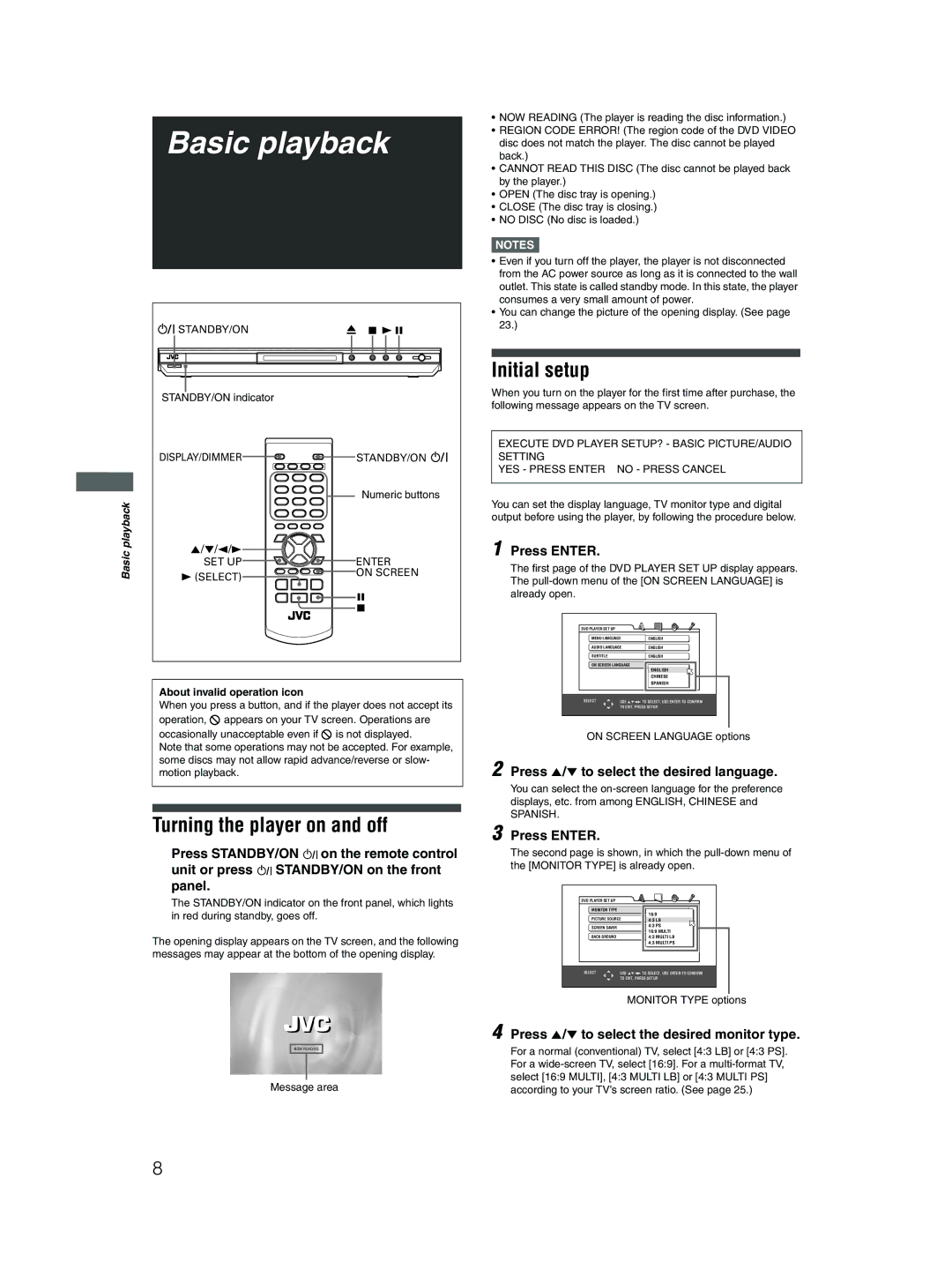 JVC XV-N212S manual Basic playback, Turning the player on and off, Initial setup 