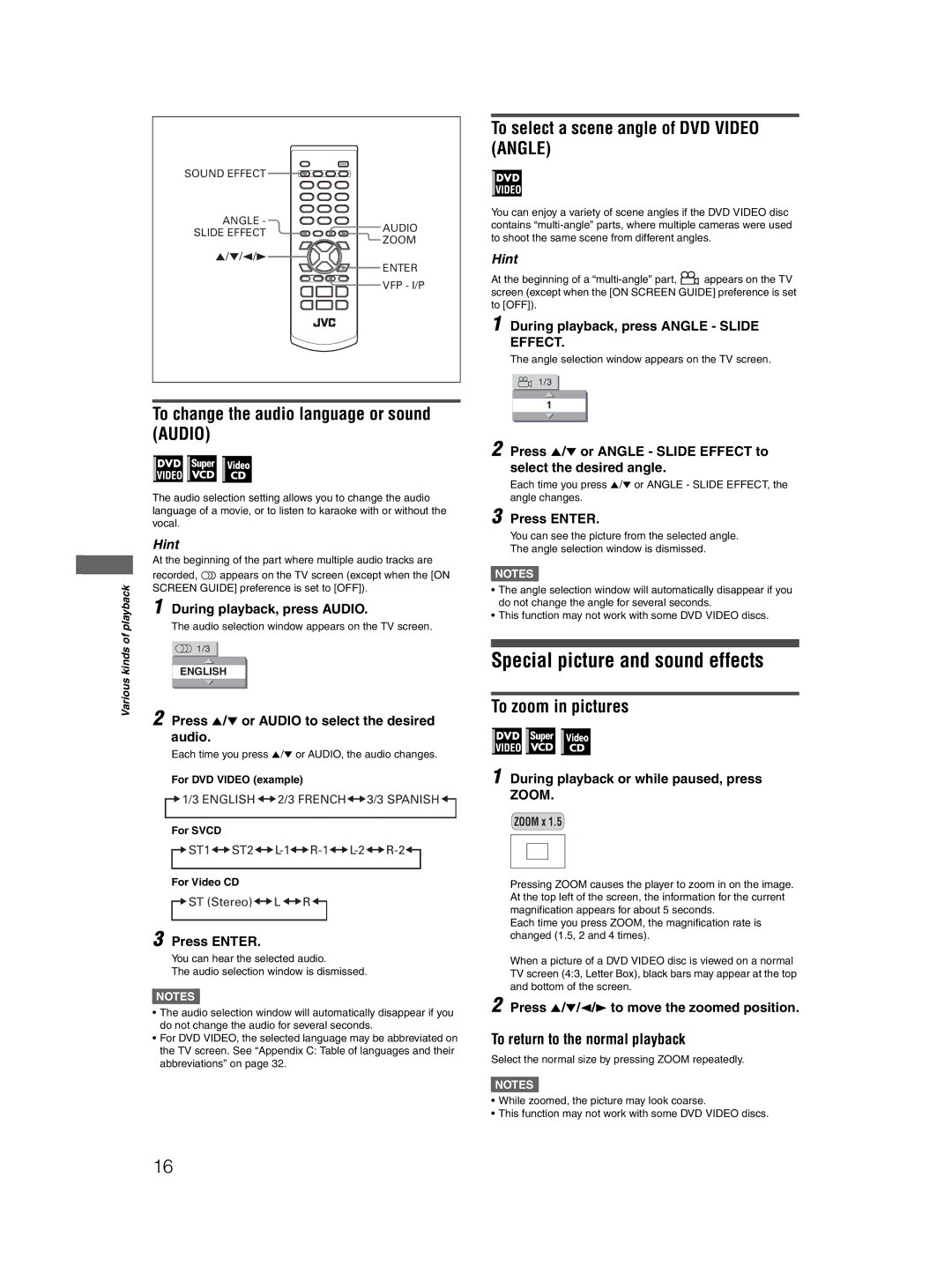 JVC XV-N212S manual Special picture and sound effects, To change the audio language or sound Audio, To zoom in pictures 