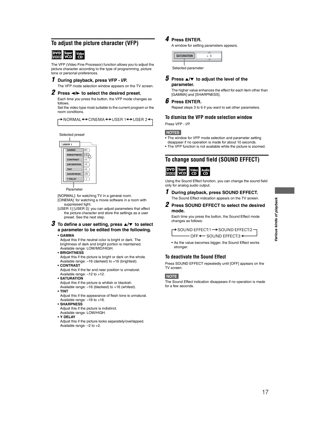 JVC XV-N212S manual To adjust the picture character VFP, To change sound field Sound Effect, To deactivate the Sound Effect 