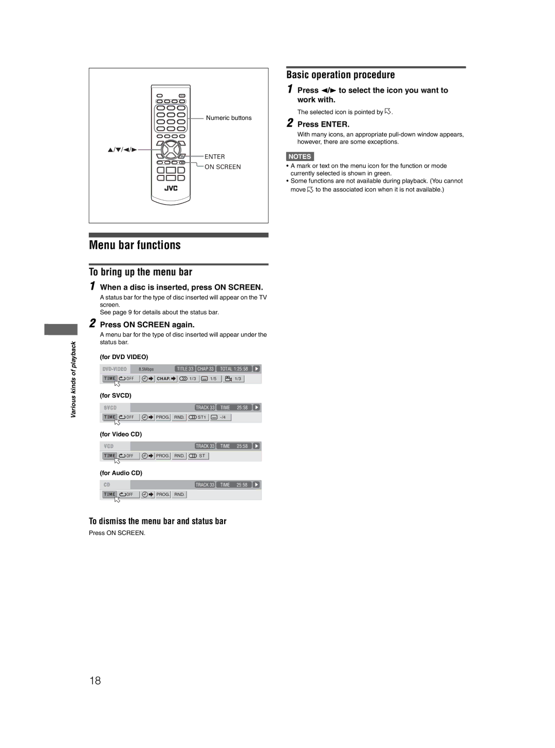 JVC XV-N212S manual Menu bar functions, Basic operation procedure, To bring up the menu bar 