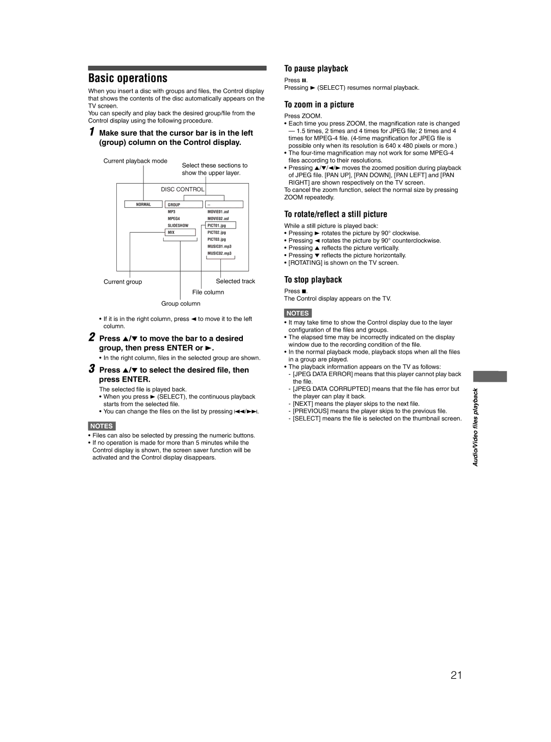 JVC XV-N212S manual Basic operations, To pause playback, To zoom in a picture, To rotate/reflect a still picture 