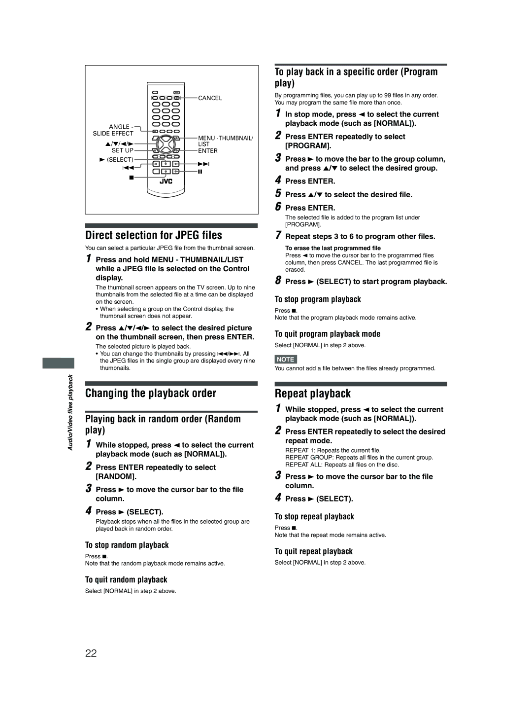 JVC XV-N212S manual Direct selection for Jpeg files, Playing back in random order Random 