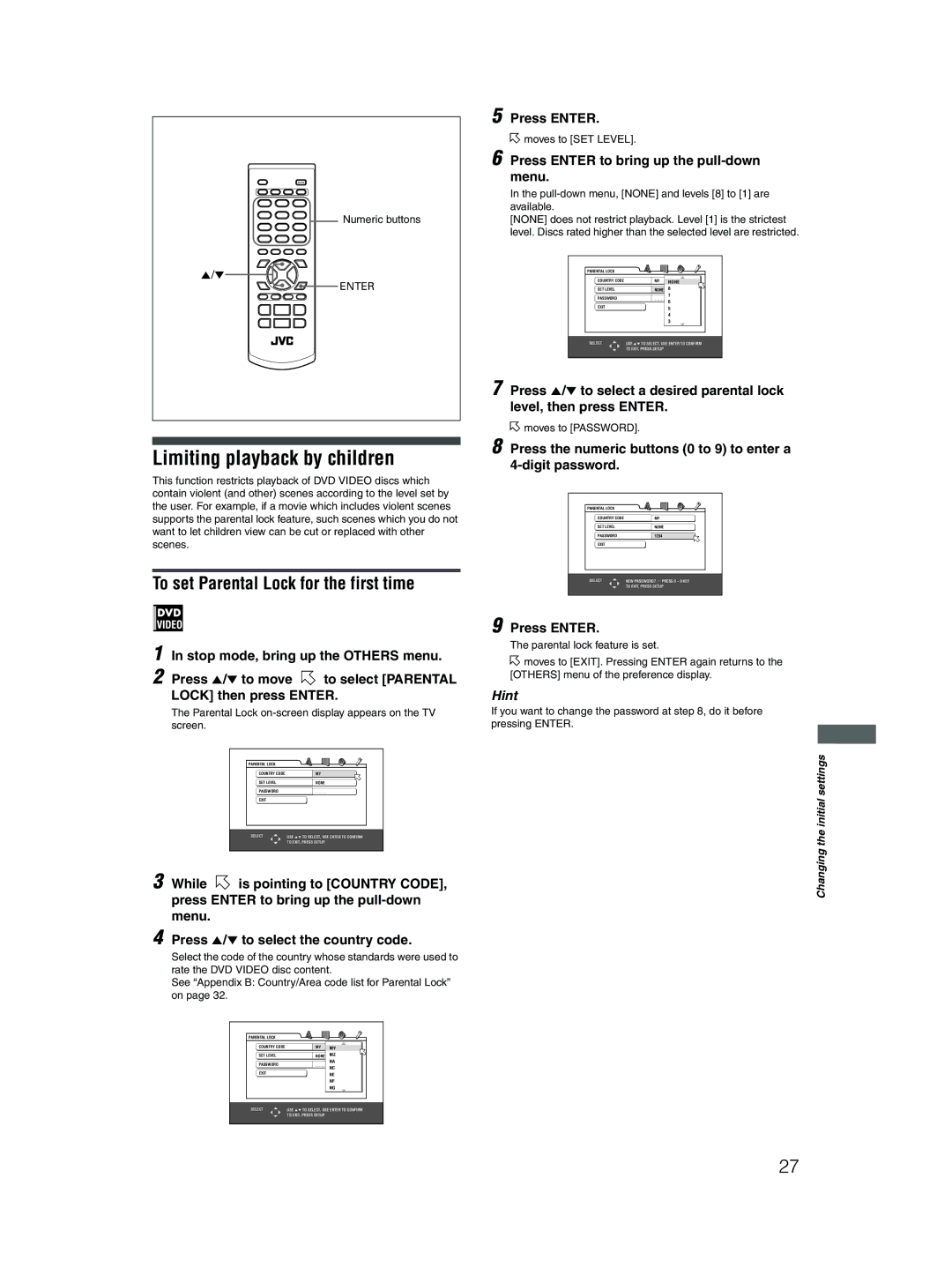 JVC XV-N212S Limiting playback by children, To set Parental Lock for the first time, Stop mode, bring up the Others menu 