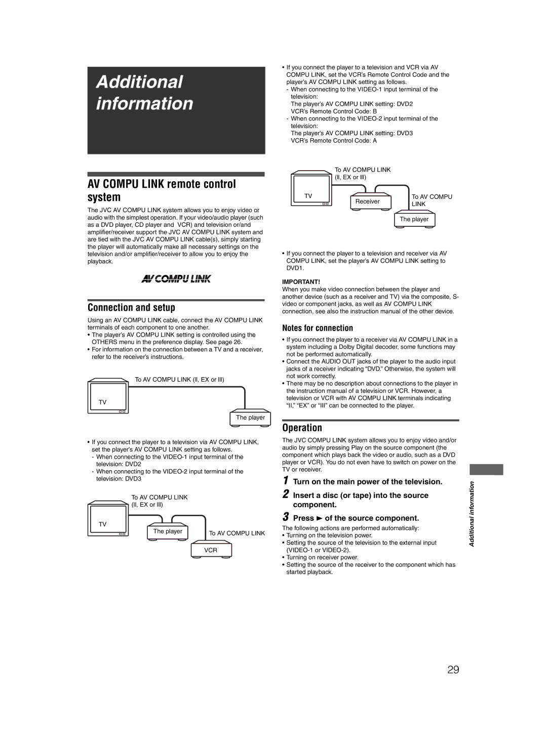 JVC XV-N212S manual Additional information, AV Compu Link remote control system, Connection and setup, Operation 