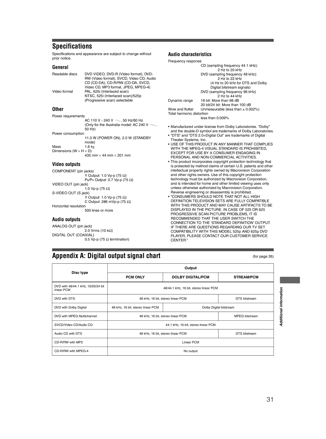 JVC XV-N212S manual Specifications 