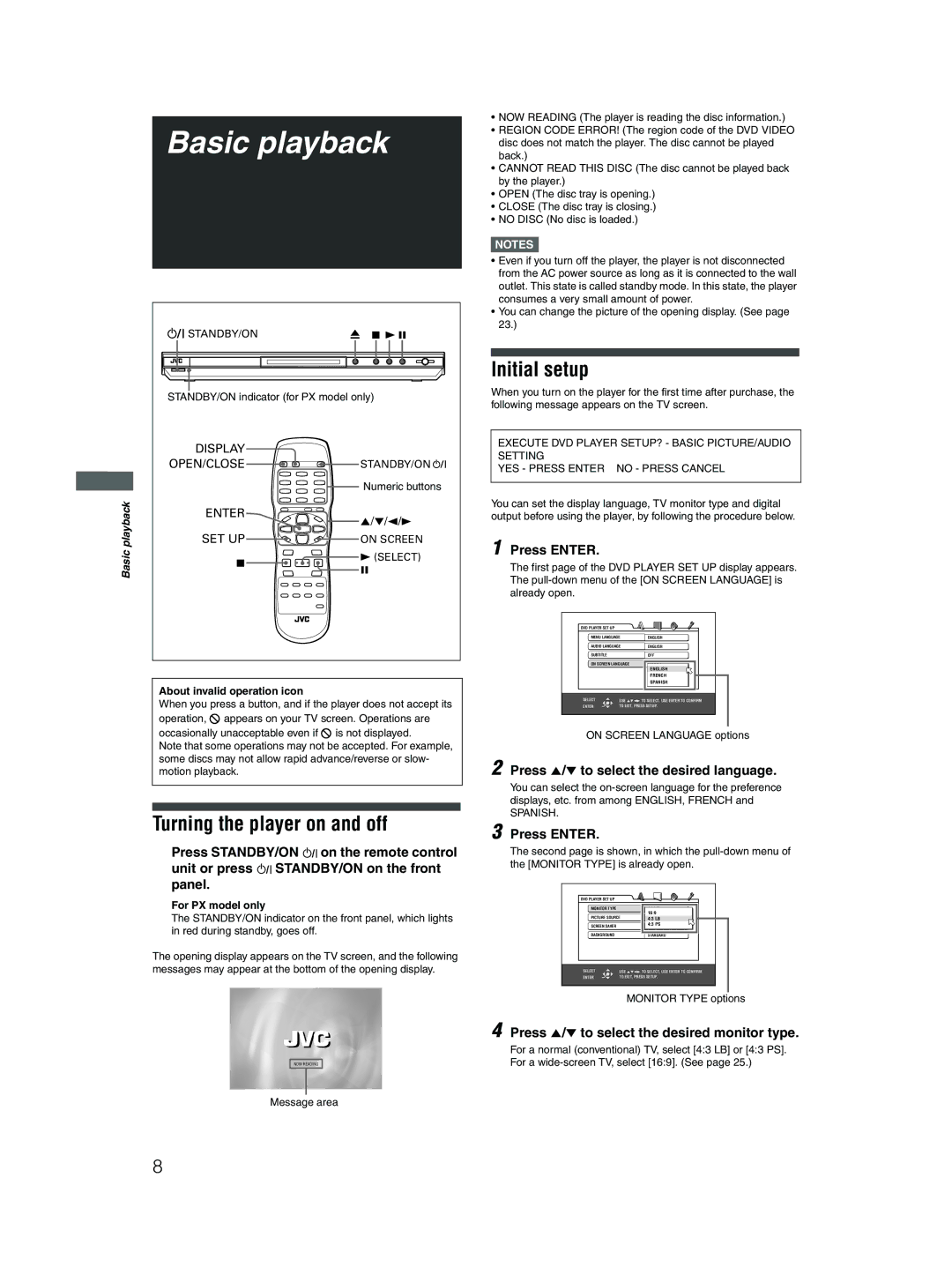 JVC XV-N310B manual Basic playback, Turning the player on and off, Initial setup 