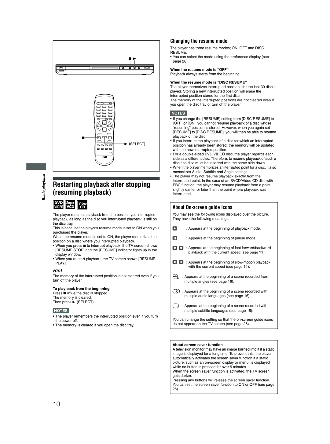 JVC XV-N310B Restarting playback after stopping resuming playback, Changing the resume mode, About On-screen guide icons 