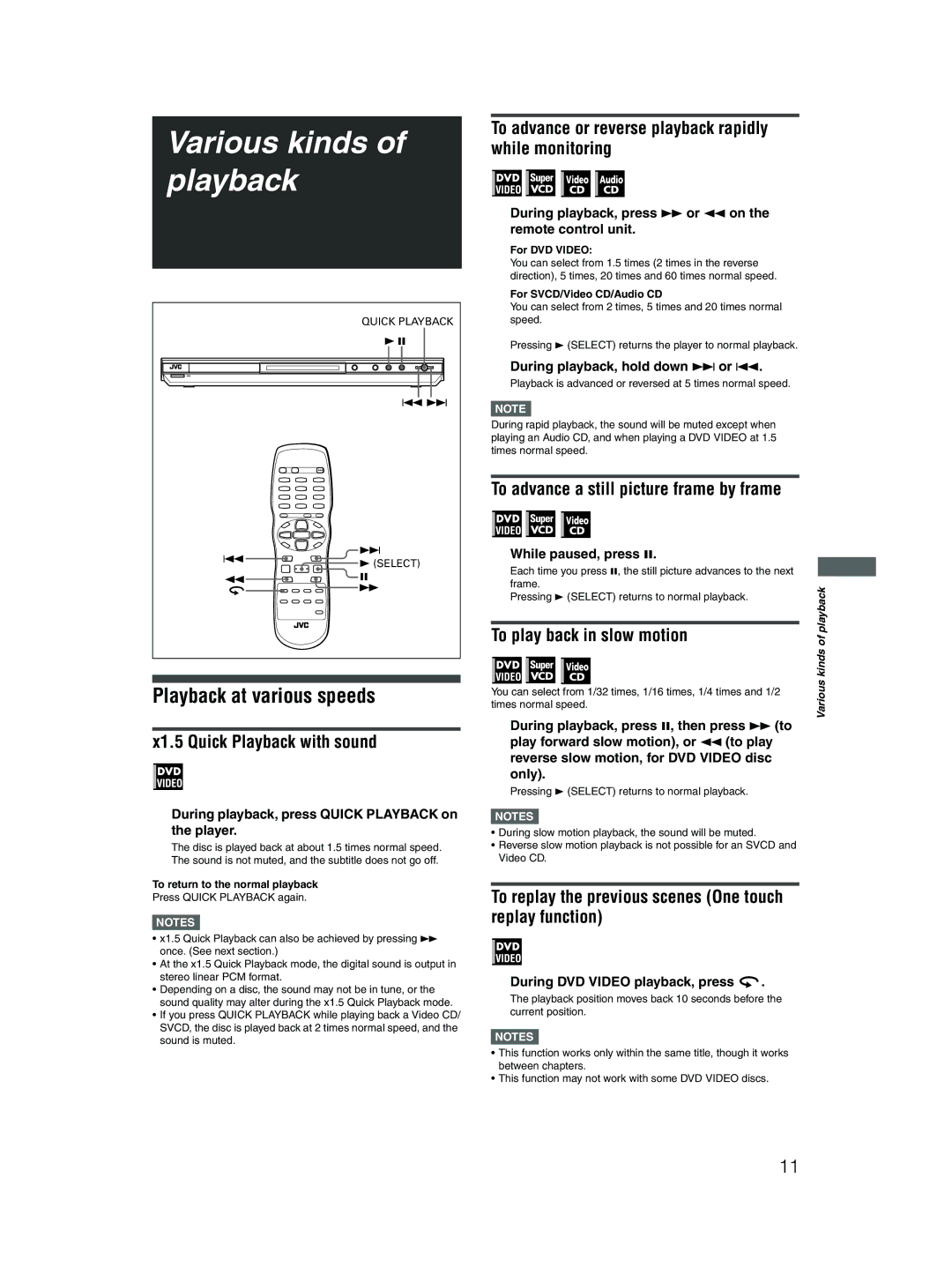 JVC XV-N310B manual Various kinds of playback, Playback at various speeds 