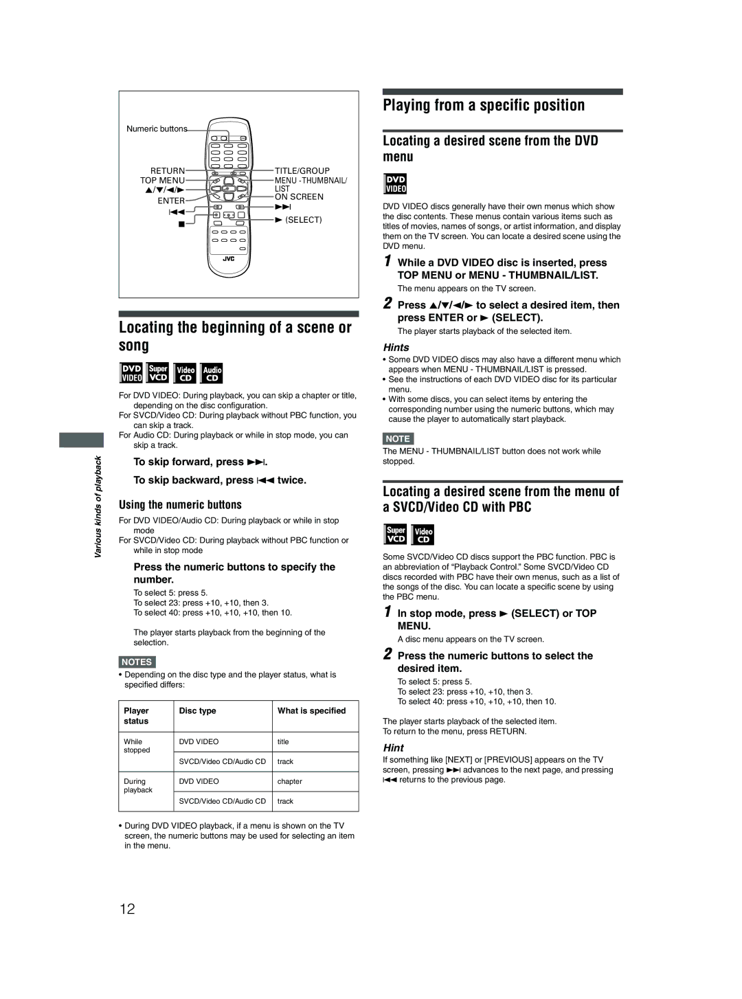 JVC XV-N310B manual Locating the beginning of a scene or song, Playing from a specific position, Using the numeric buttons 