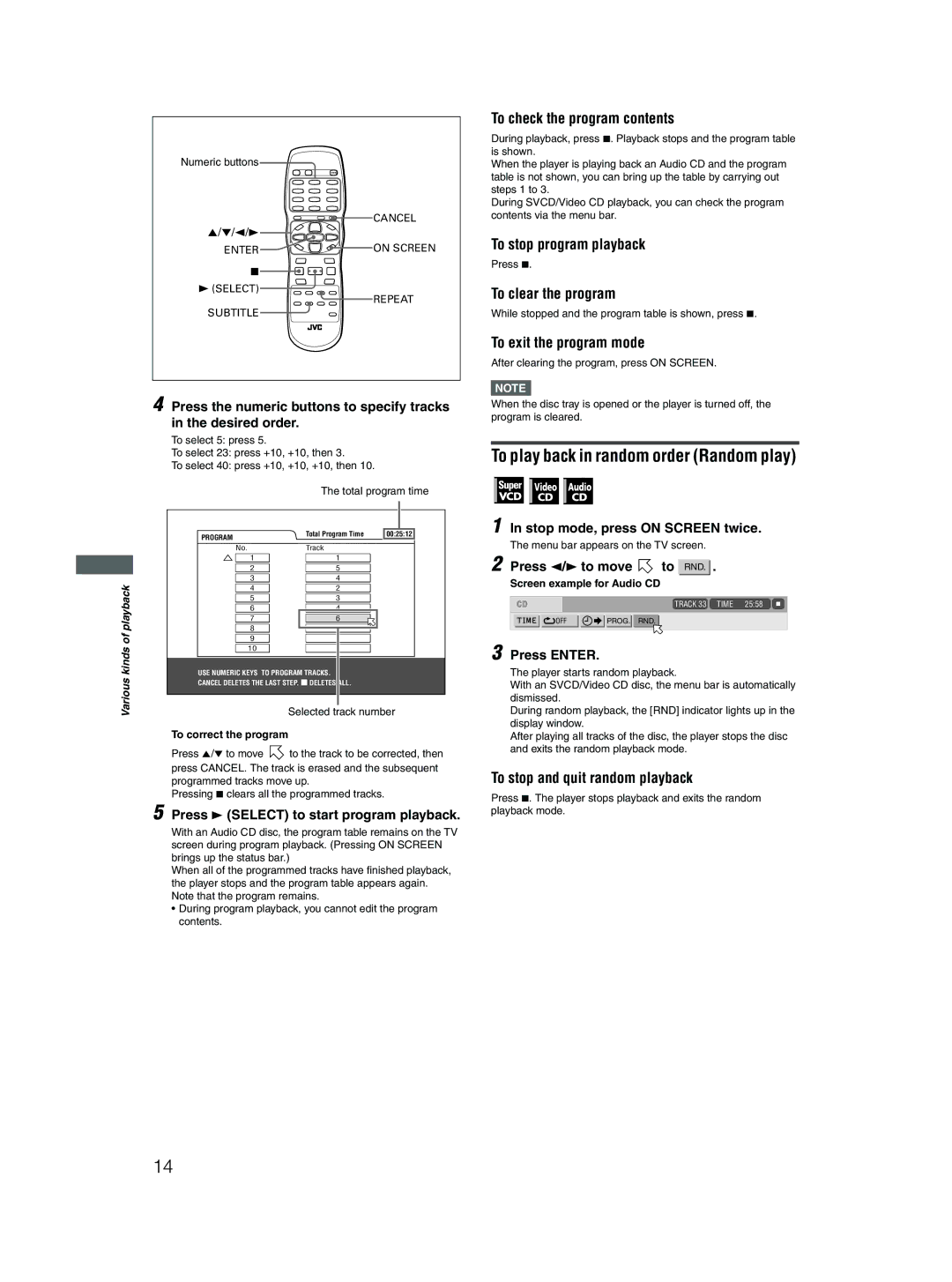 JVC XV-N310B manual To play back in random order Random play, To stop program playback, To clear the program 