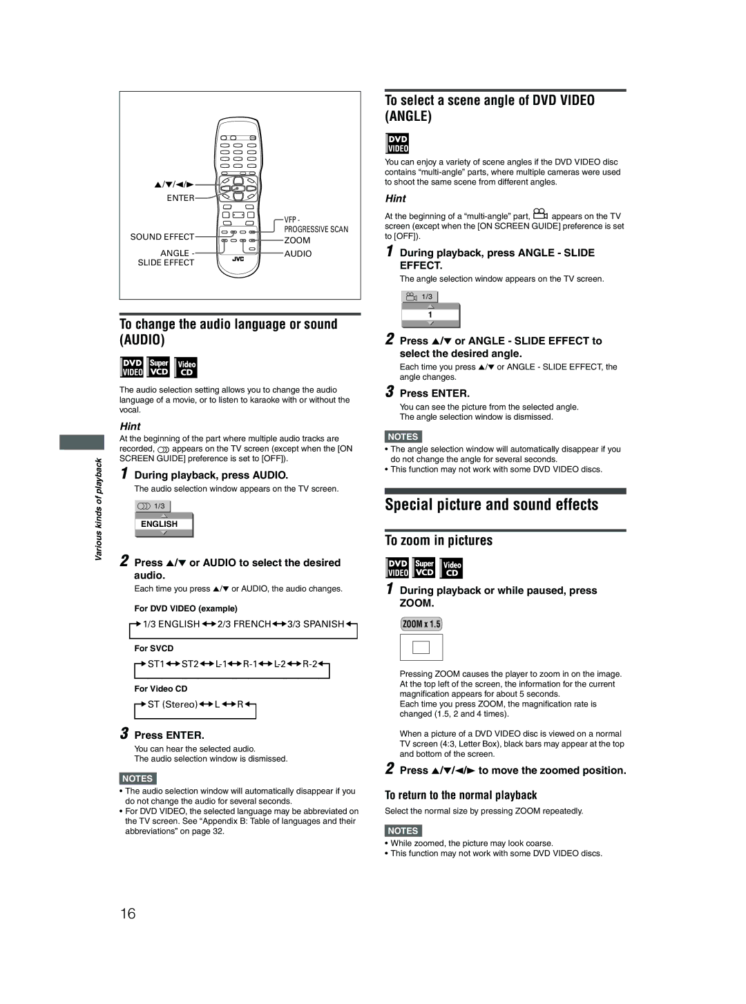 JVC XV-N310B manual Special picture and sound effects, To change the audio language or sound Audio, To zoom in pictures 