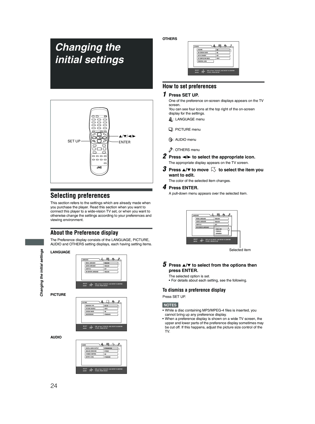 JVC XV-N310B Changing the initial settings, Selecting preferences, About the Preference display, How to set preferences 