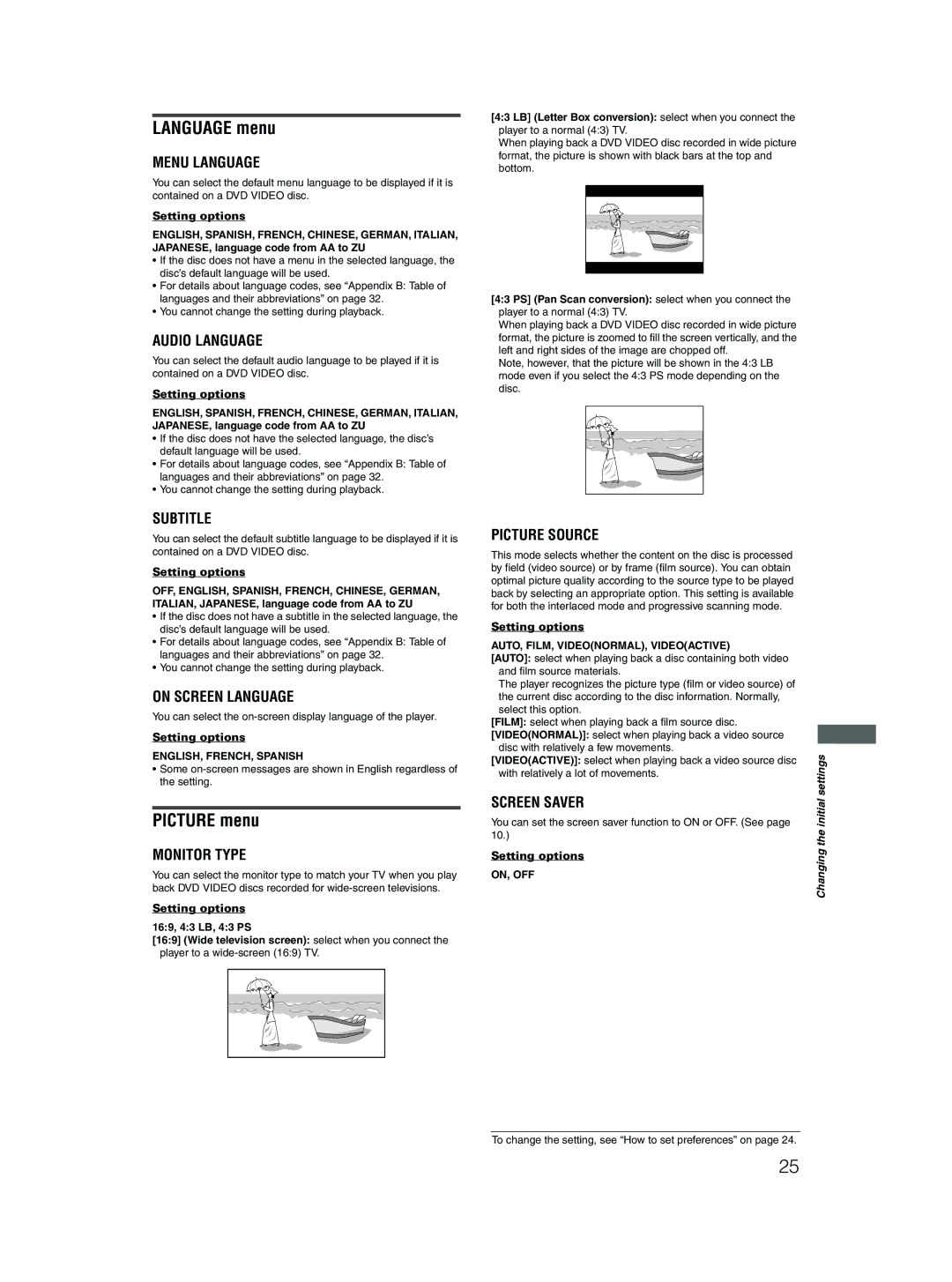 JVC XV-N310B manual Language menu, Picture menu, ENGLISH, FRENCH, Spanish, AUTO, FILM, VIDEONORMAL, Videoactive 