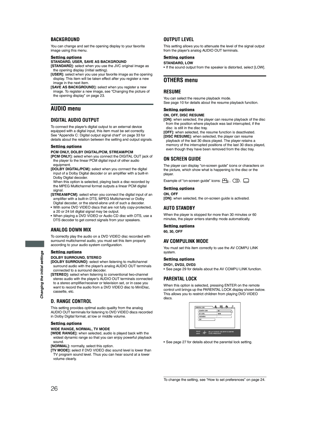 JVC XV-N310B manual Audio menu, Others menu 