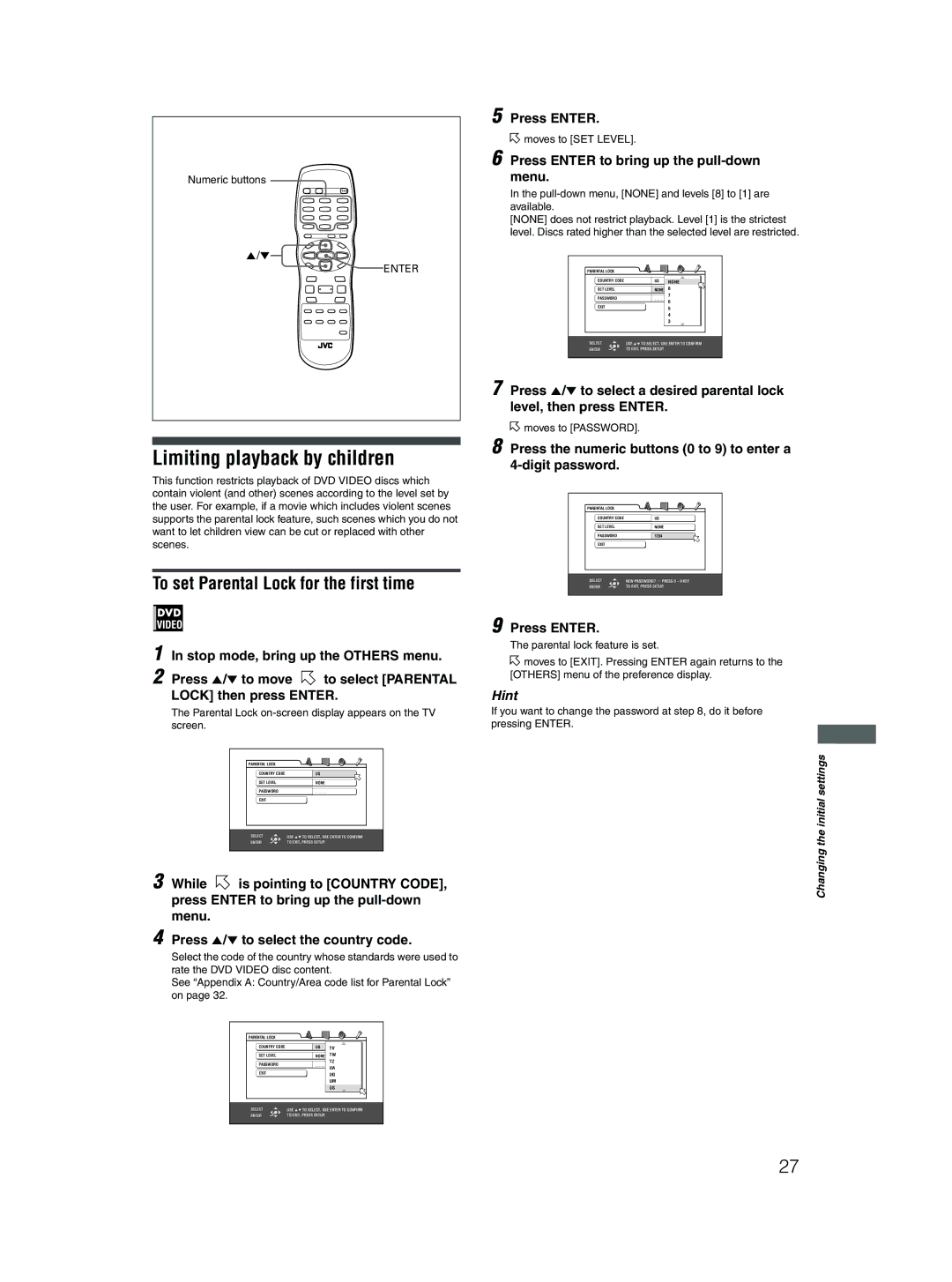 JVC XV-N310B Limiting playback by children, To set Parental Lock for the first time, Stop mode, bring up the Others menu 