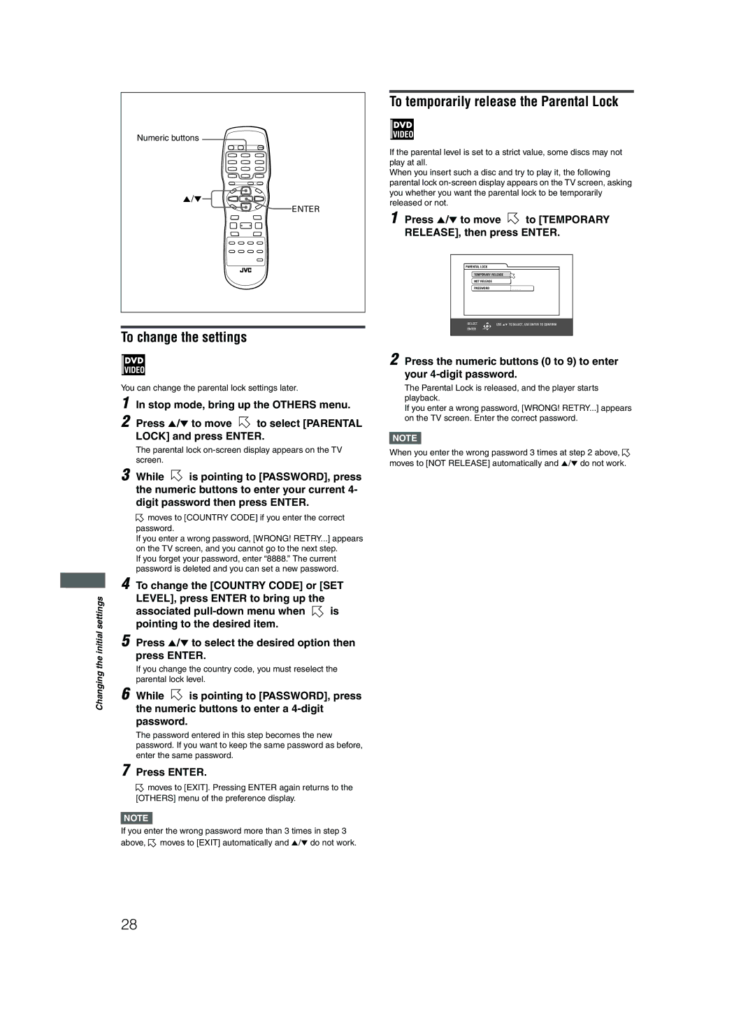 JVC XV-N310B manual To change the settings, To temporarily release the Parental Lock 