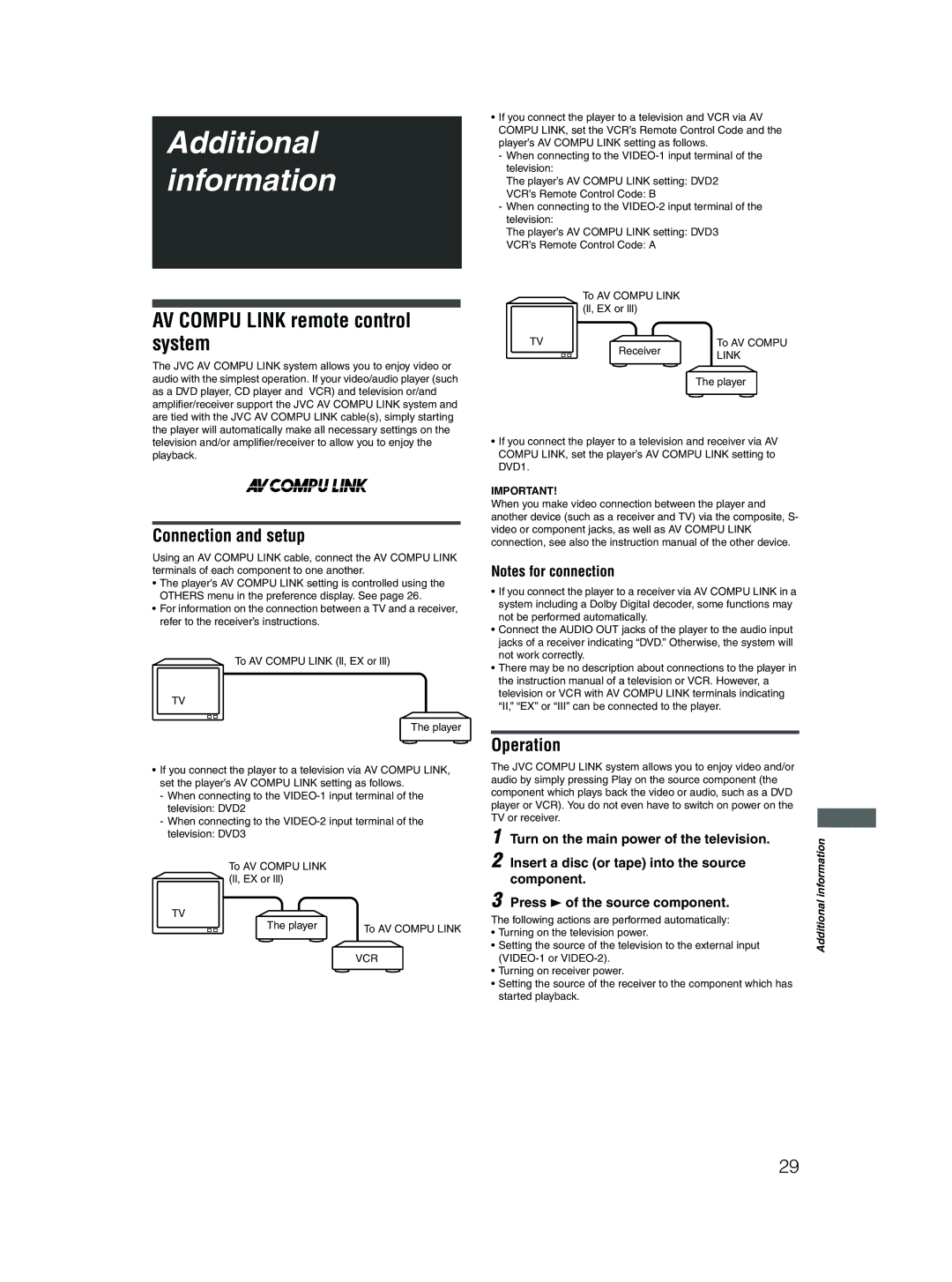 JVC XV-N310B manual Additional information, AV Compu Link remote control system, Connection and setup, Operation 