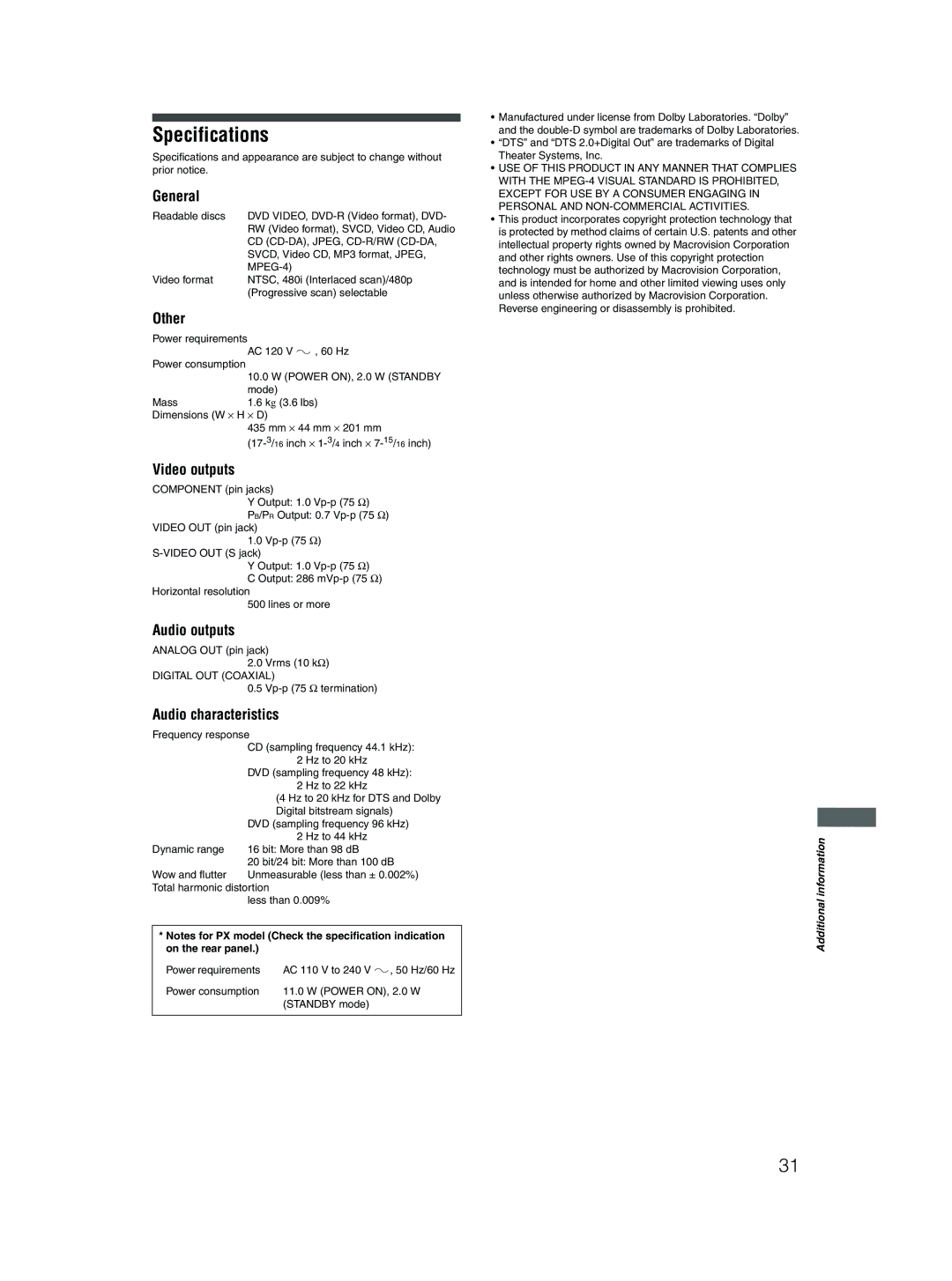 JVC XV-N310B manual Specifications 