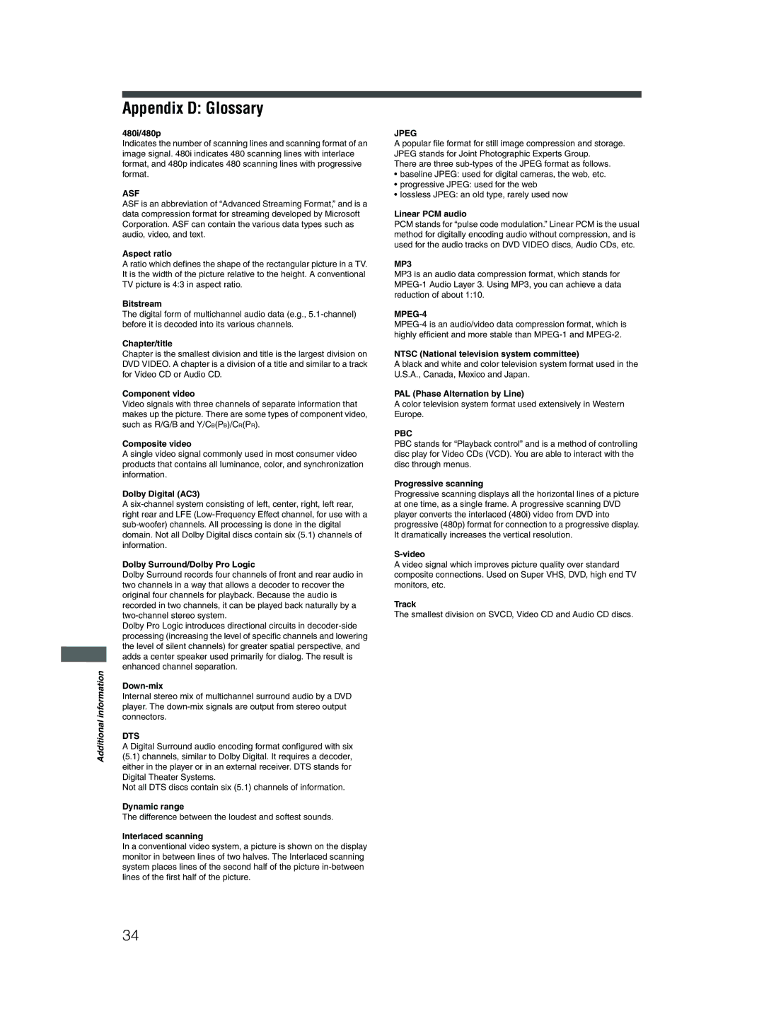 JVC XV-N310B manual Appendix D Glossary 