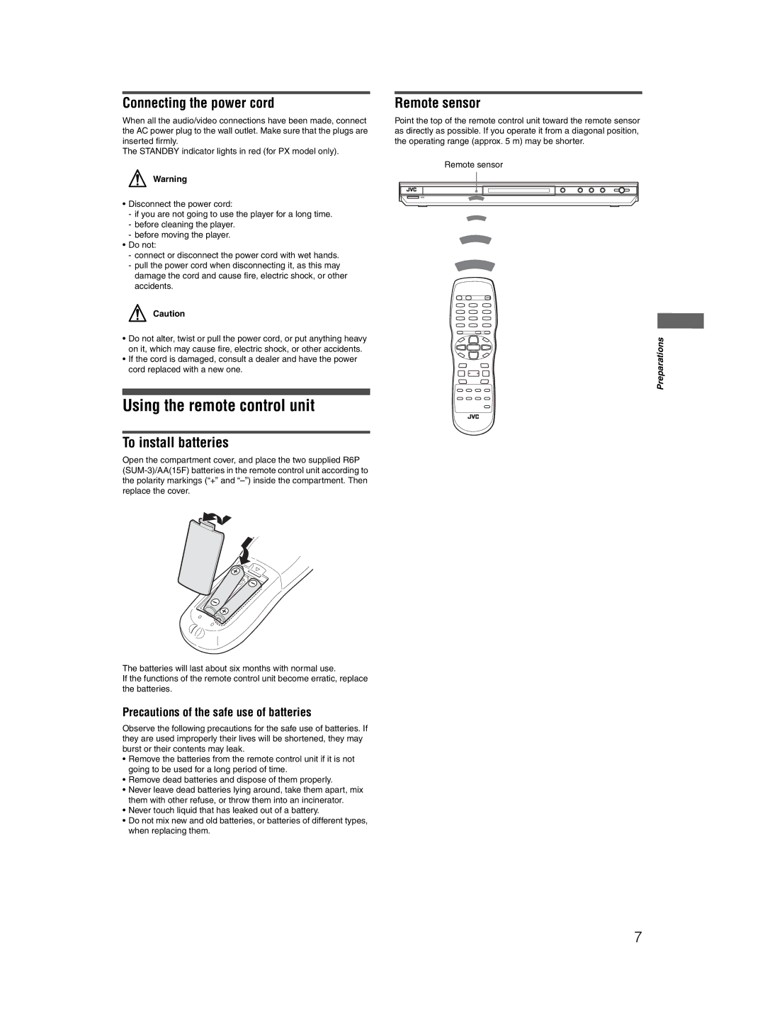 JVC XV-N310B manual Using the remote control unit, Connecting the power cord, To install batteries, Remote sensor 