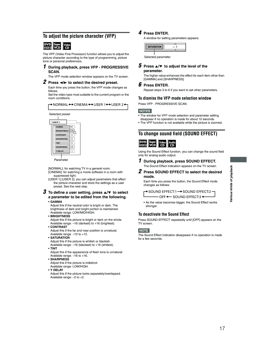 JVC XV-N310B/XV-N312S manual To adjust the picture character VFP, To change sound field Sound Effect 