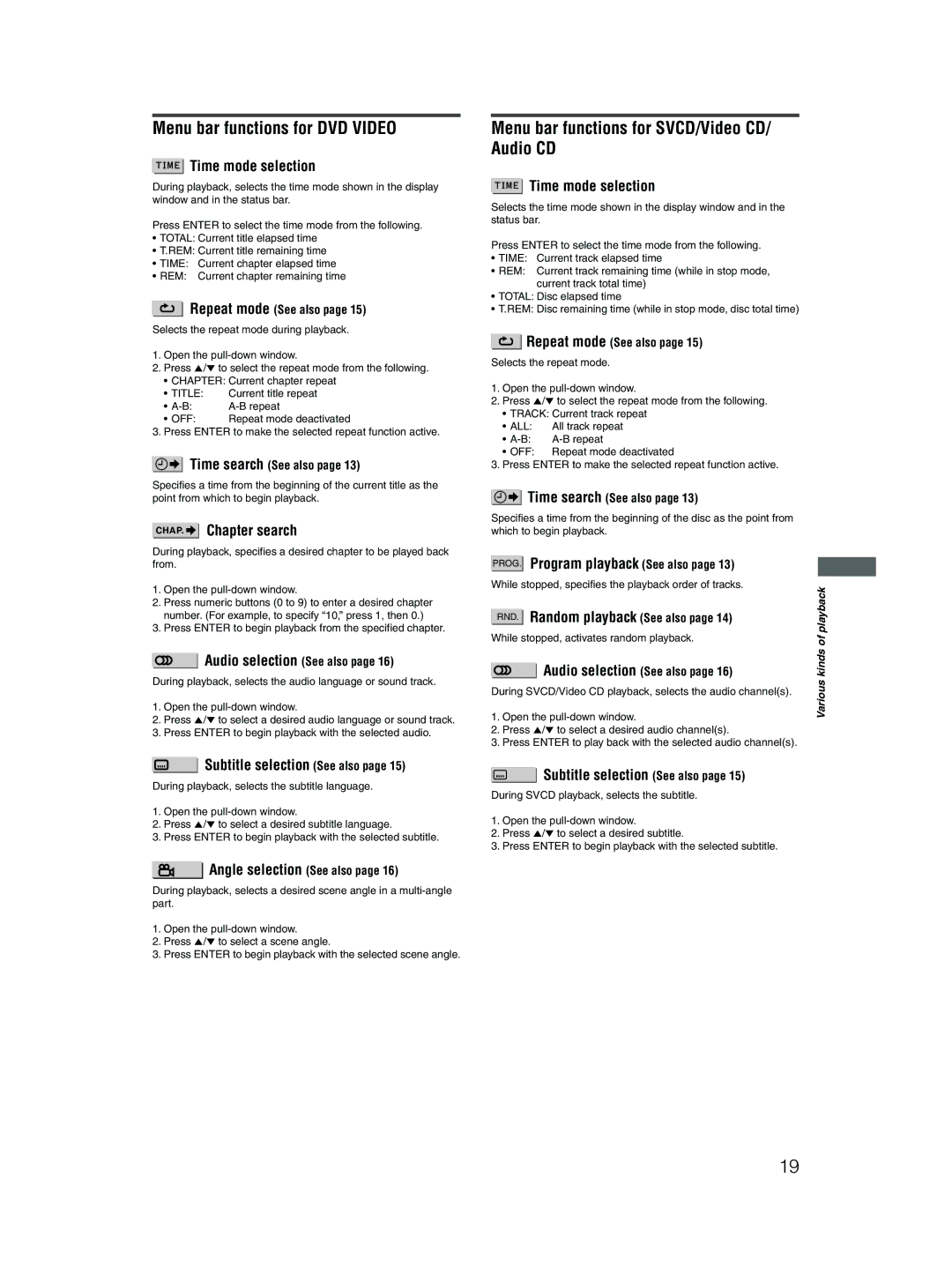 JVC XV-N310B/XV-N312S manual Menu bar functions for DVD Video, Menu bar functions for SVCD/Video CD/ Audio CD 