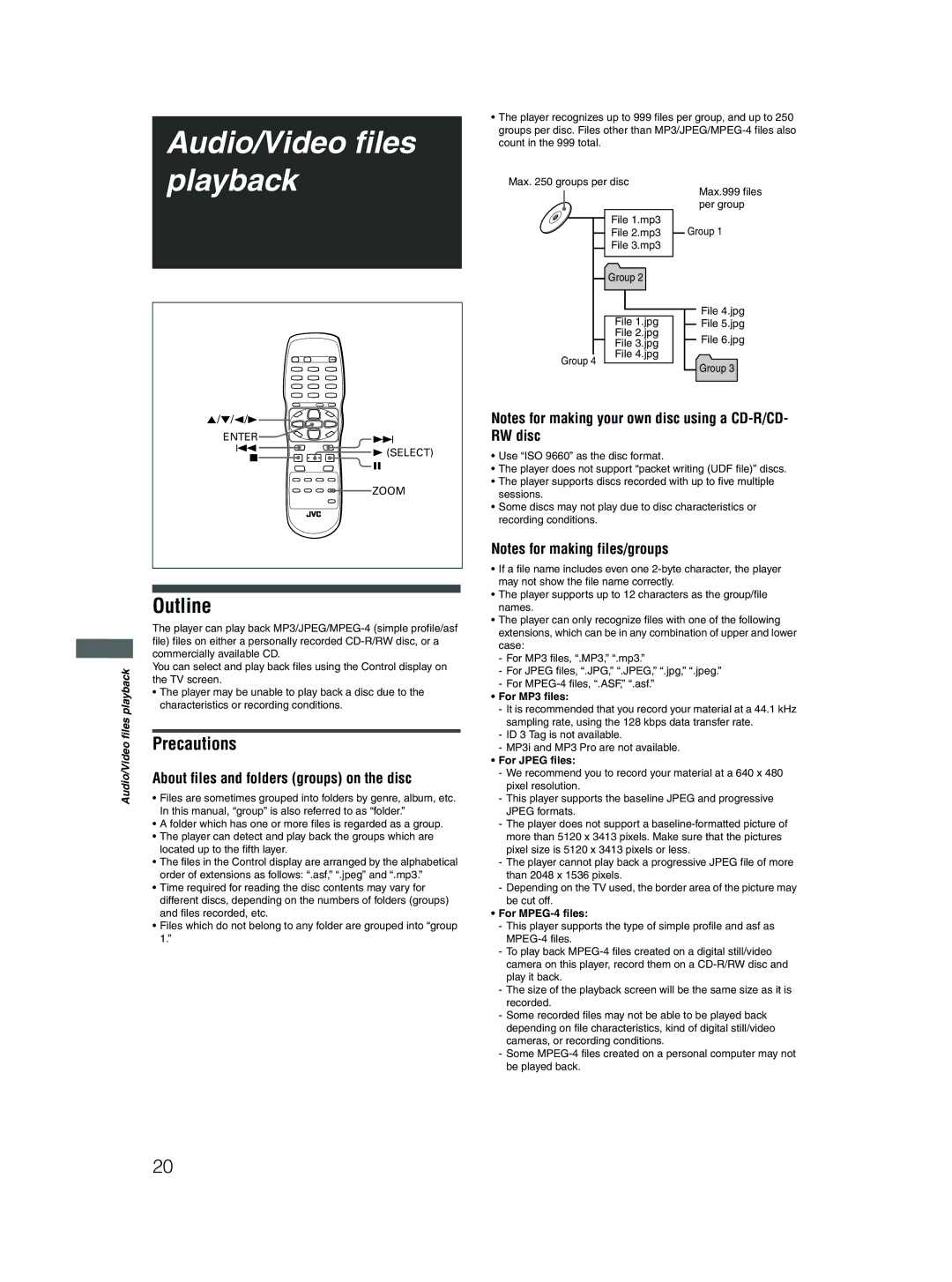 JVC XV-N310B/XV-N312S manual Audio/Video files, Playback, Outline, Precautions, About files and folders groups on the disc 