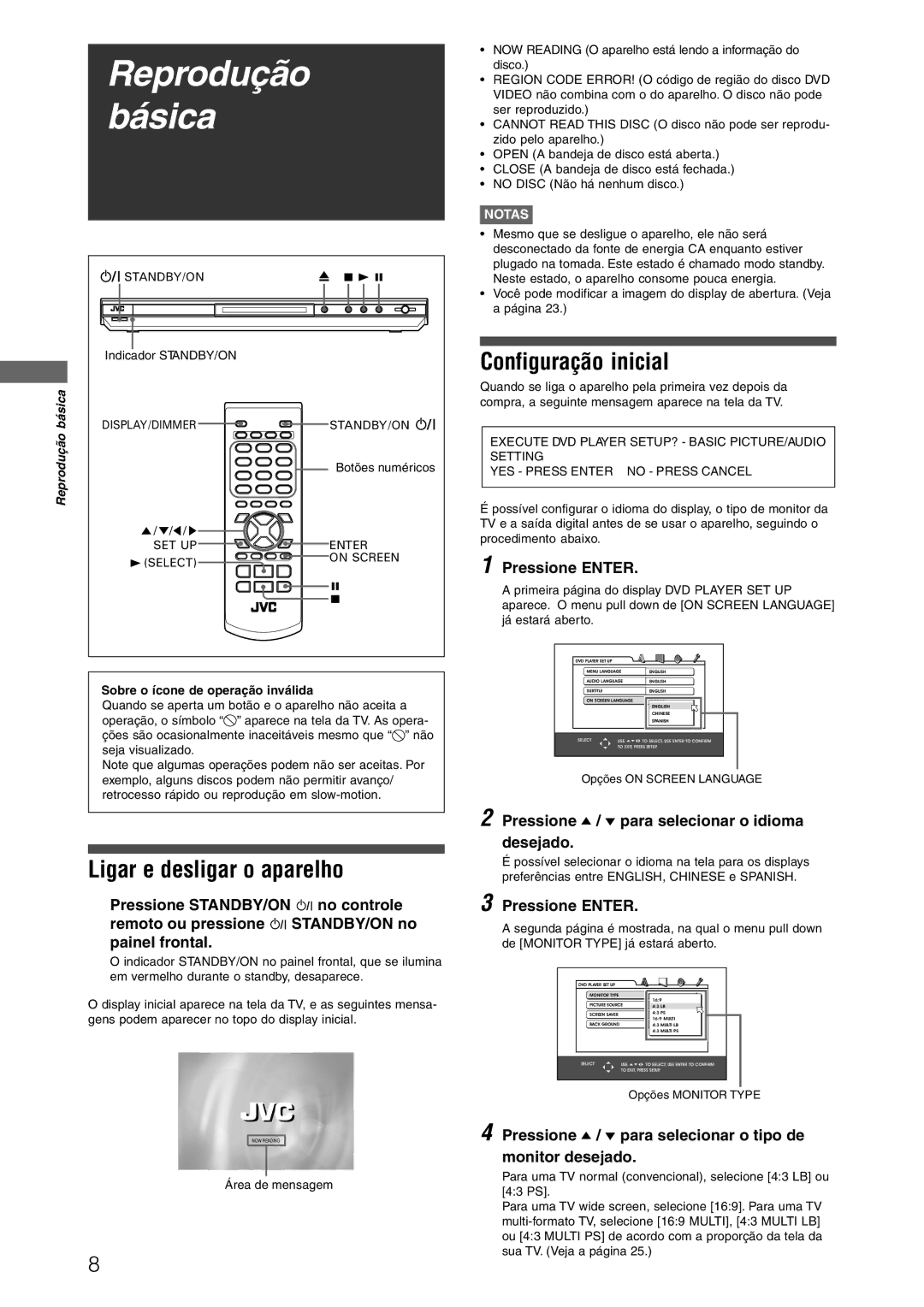 JVC XV-N312SUW manual Ligar e desligar o aparelho, Configuração inicial, Pressione Enter 