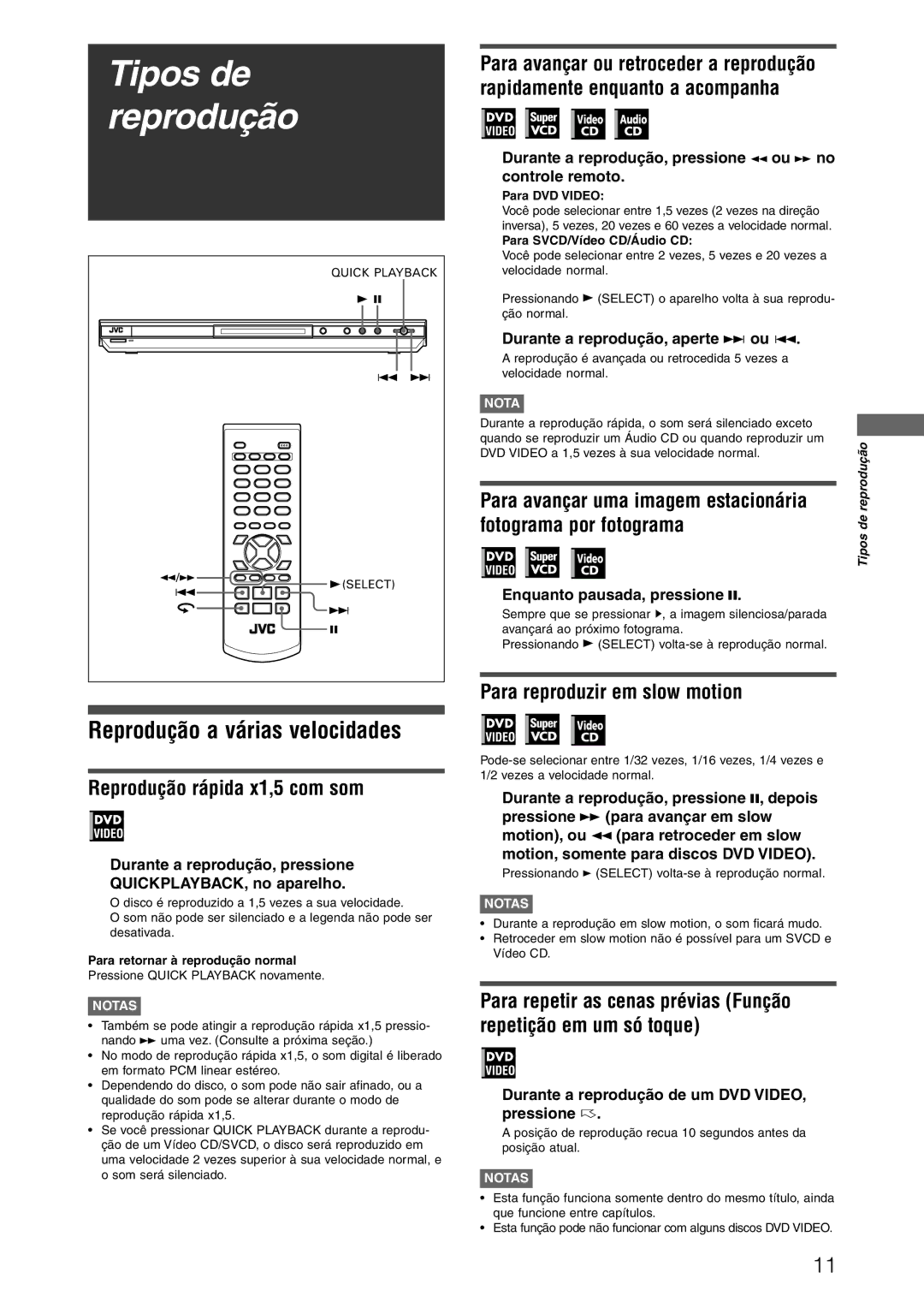 JVC XV-N312SUW manual Reprodução rápida x1,5 com som, Para avançar uma imagem estacionária, Fotograma por fotograma 