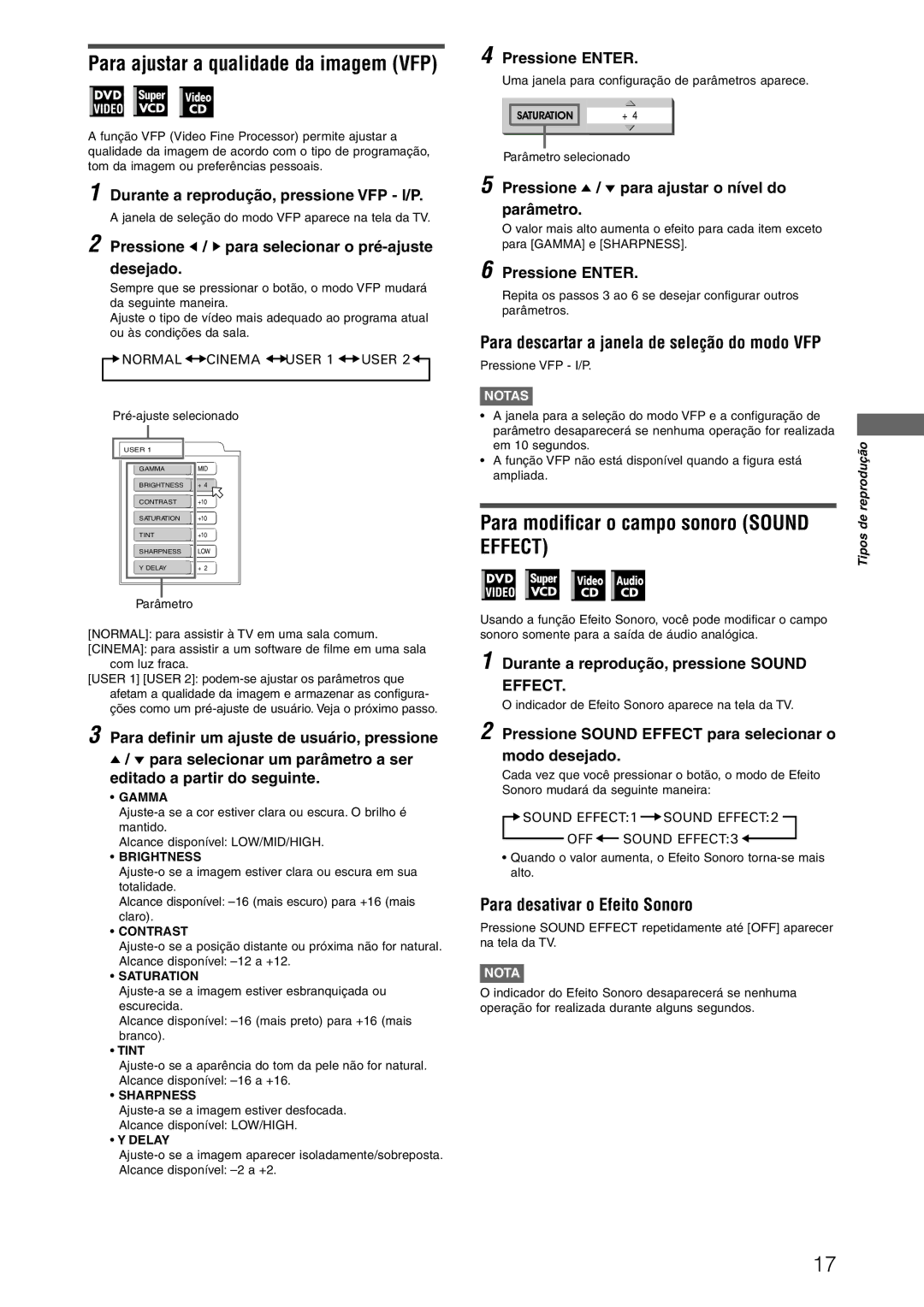 JVC XV-N312SUW manual Para ajustar a qualidade da imagem VFP, Para modificar o campo sonoro Sound Effect 