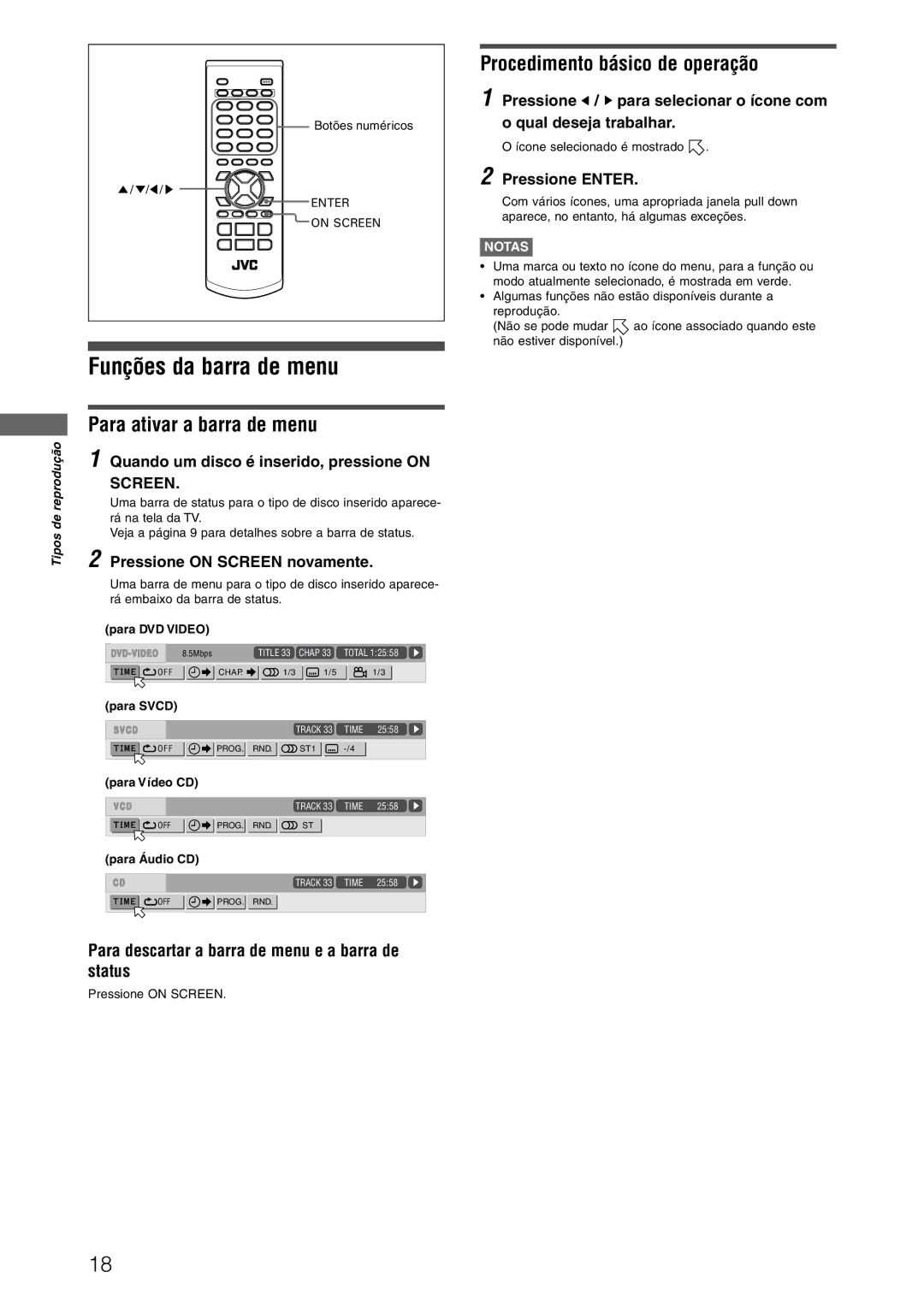 JVC XV-N312SUW manual Funções da barra de menu, Para ativar a barra de menu, Procedimento básico de operação, Para Áudio CD 