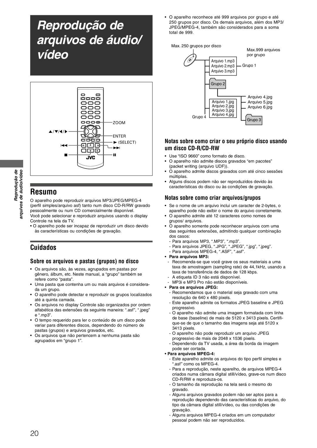 JVC XV-N312SUW manual Resumo, Cuidados, Sobre os arquivos e pastas grupos no disco, Notas sobre como criar arquivos/grupos 