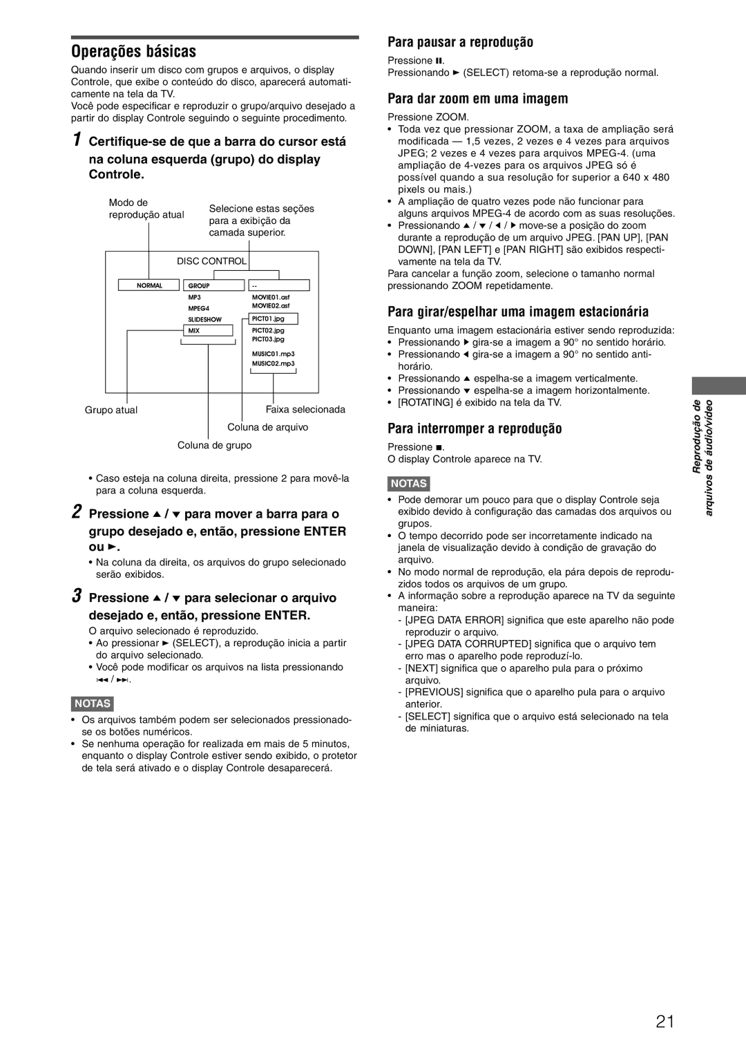 JVC XV-N312SUW Operações básicas, Para pausar a reprodução, Para dar zoom em uma imagem, Para interromper a reprodução 