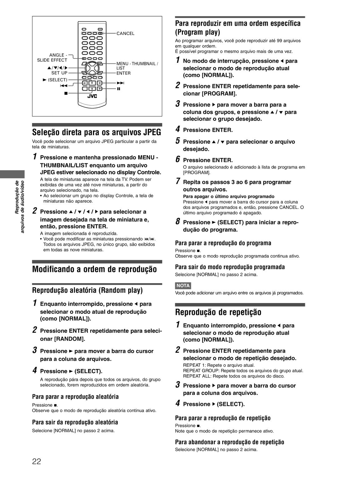 JVC XV-N312SUW manual Seleção direta para os arquivos Jpeg, Reprodução aleatória Random play 