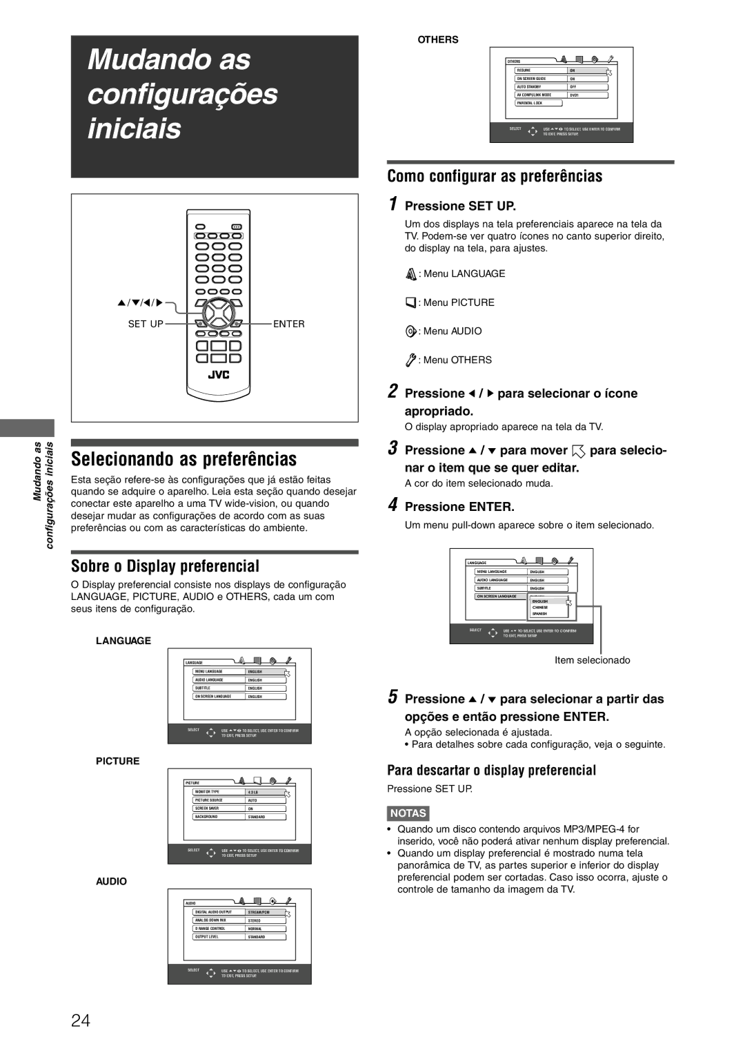 JVC XV-N312SUW manual Selecionando as preferências, Sobre o Display preferencial, Como configurar as preferências 