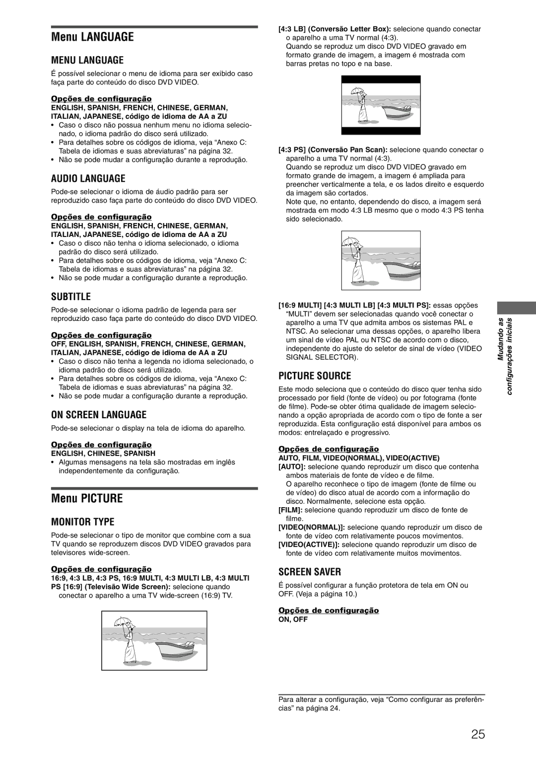 JVC XV-N312SUW manual Menu Language, Menu Picture, ENGLISH, CHINESE, Spanish, AUTO, FILM, VIDEONORMAL, Videoactive, On, Off 