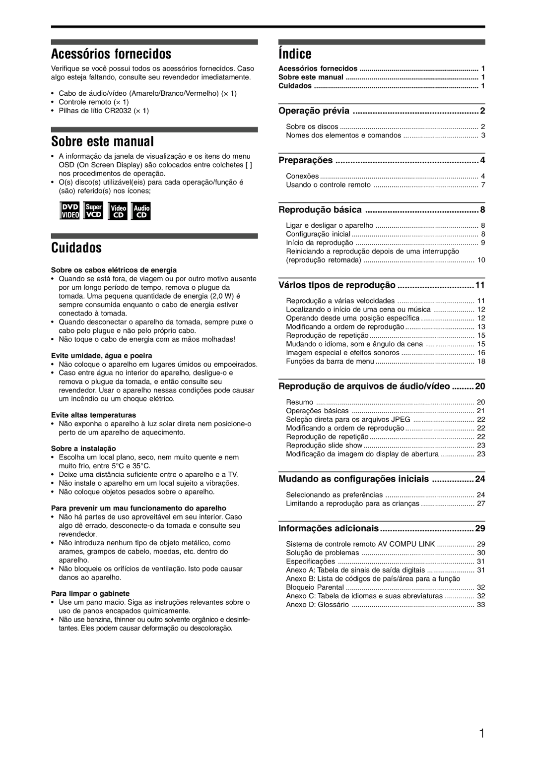 JVC XV-N312SUW Acessórios fornecidos, Sobre este manual, Cuidados, Índice, Mudando as configurações iniciais 