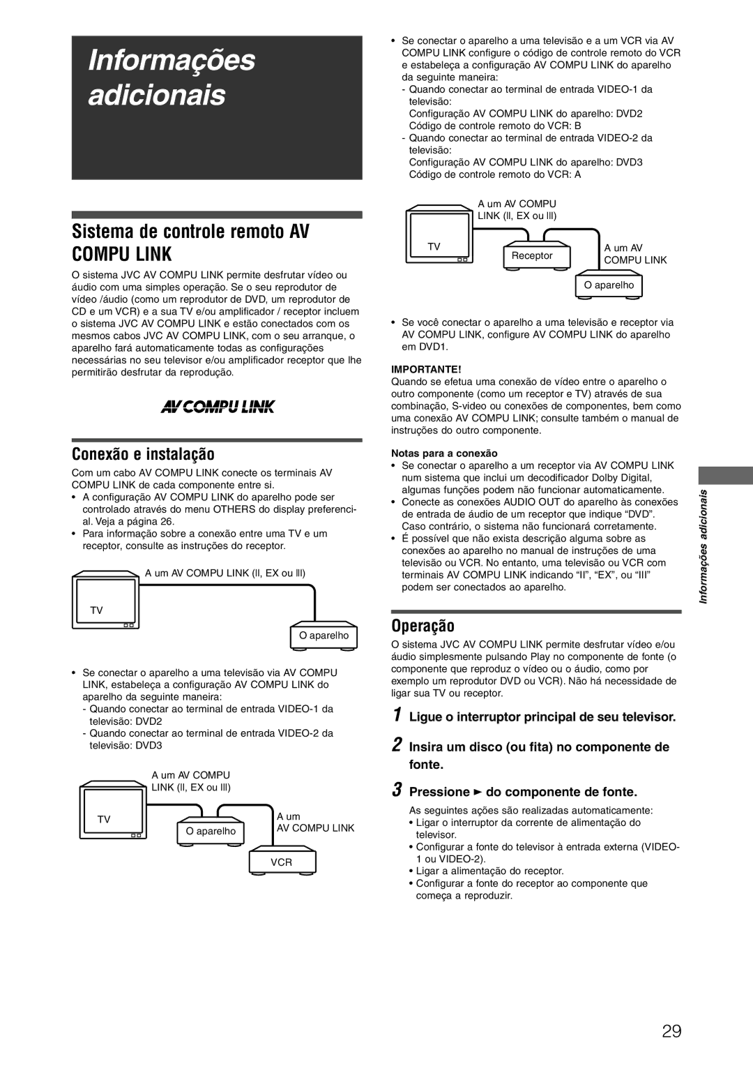 JVC XV-N312SUW Sistema de controle remoto AV Compu Link, Conexão e instalação, Operação, Importante, Notas para a conexão 