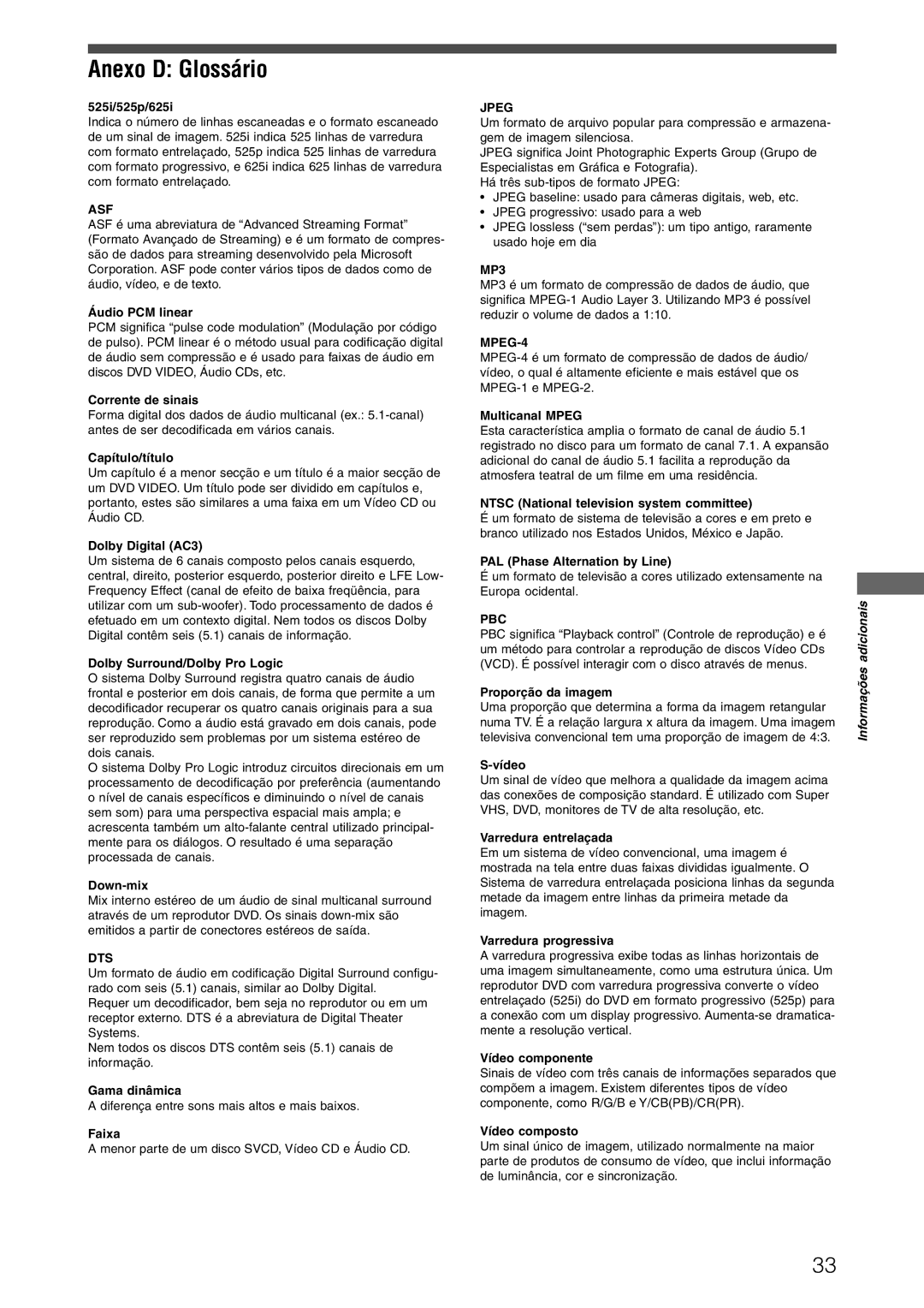 JVC XV-N312SUW manual Anexo D Glossário 