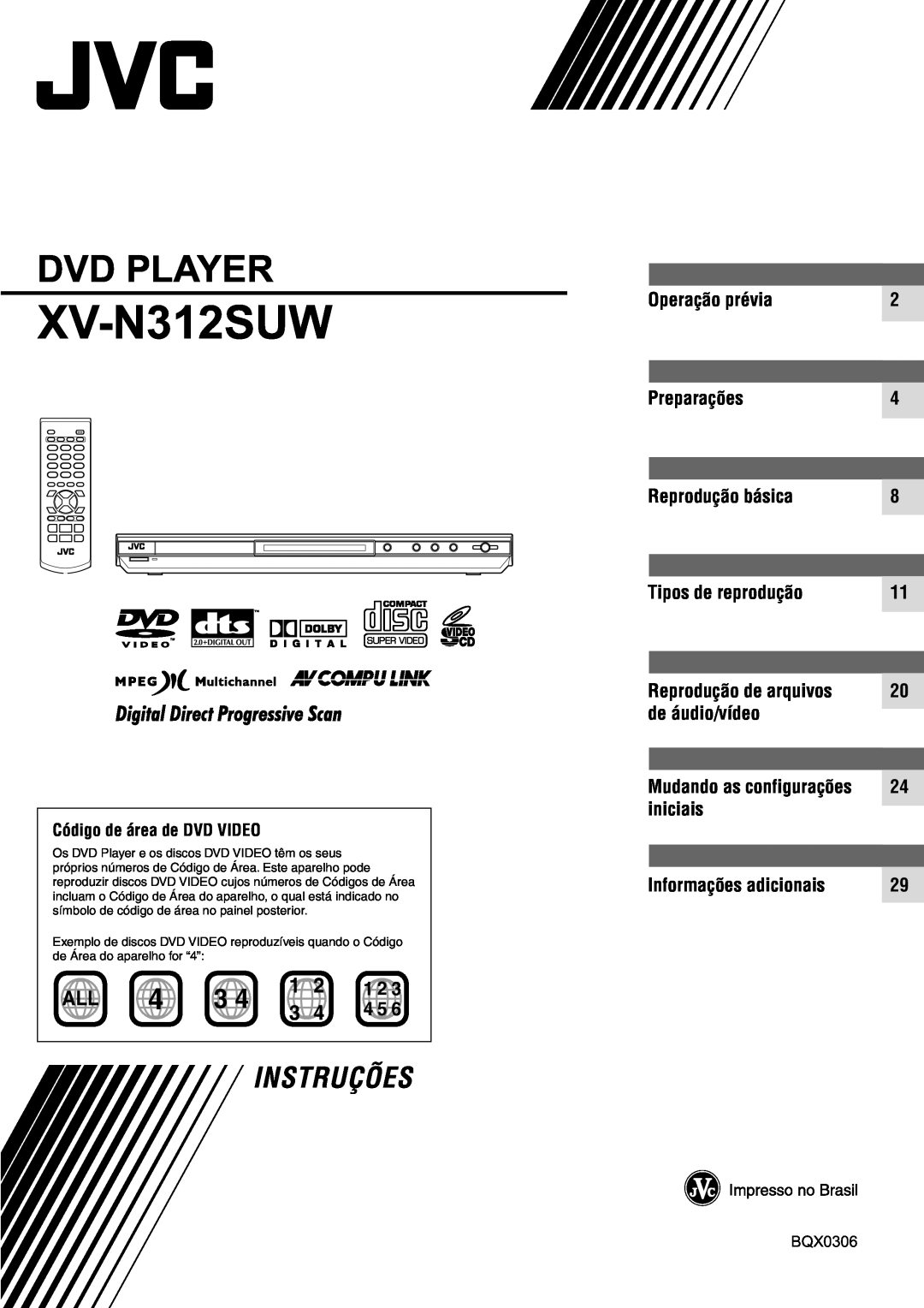 JVC XV-N312SUW manual Dvd Player, Instruções 