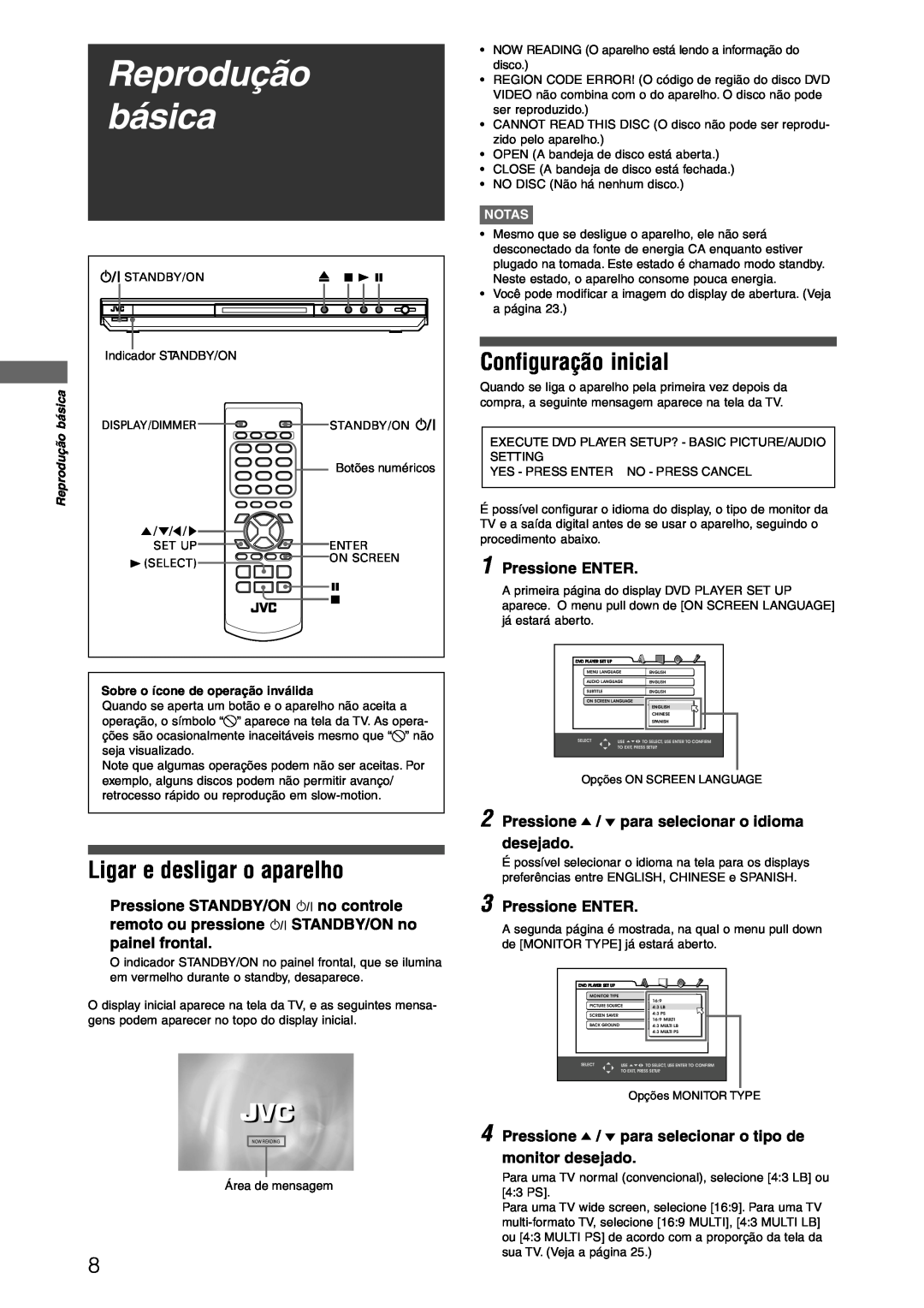 JVC XV-N312SUW manual Reprodução básica, Ligar e desligar o aparelho, Configuração inicial, Notas 