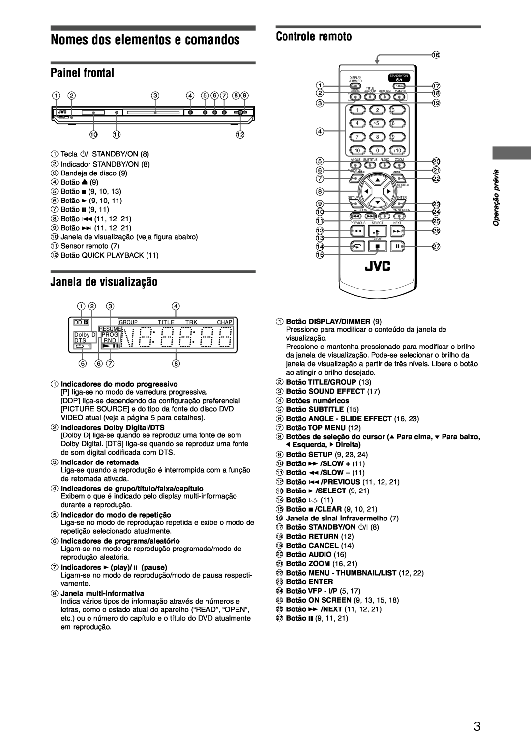 JVC XV-N312SUW manual Nomes dos elementos e comandos, Painel frontal, Janela de visualização, Operação prévia 