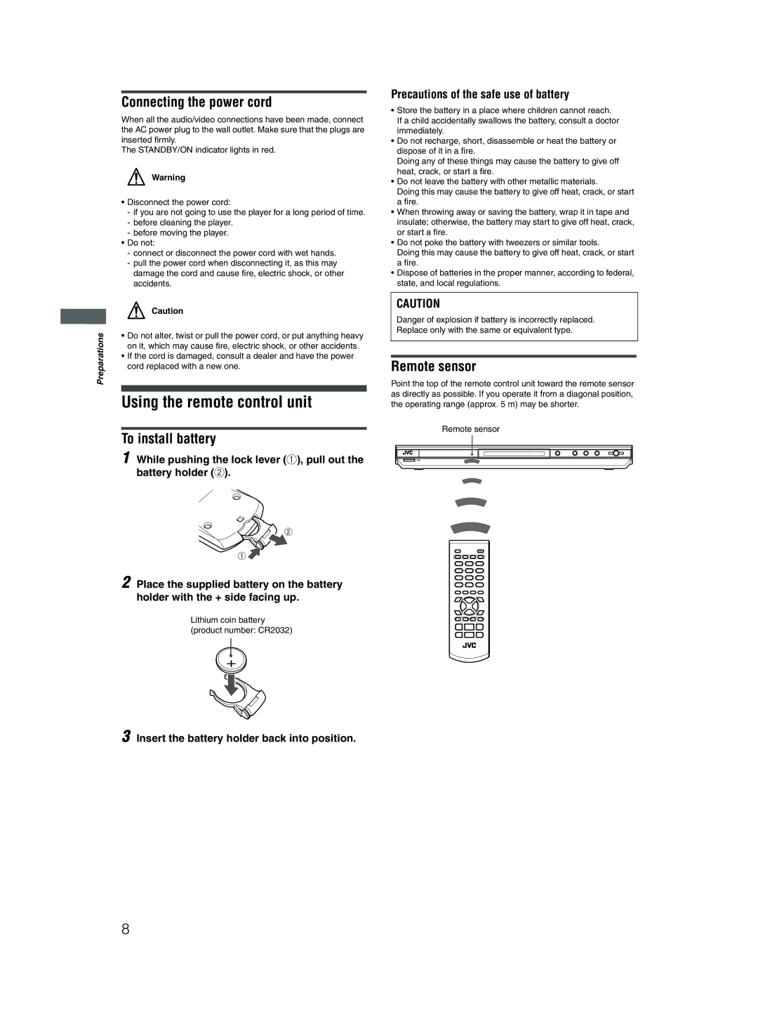 JVC XV-N210B, XV-N315B manual Using the remote control unit, Connecting the power cord, To install battery, Remote sensor 