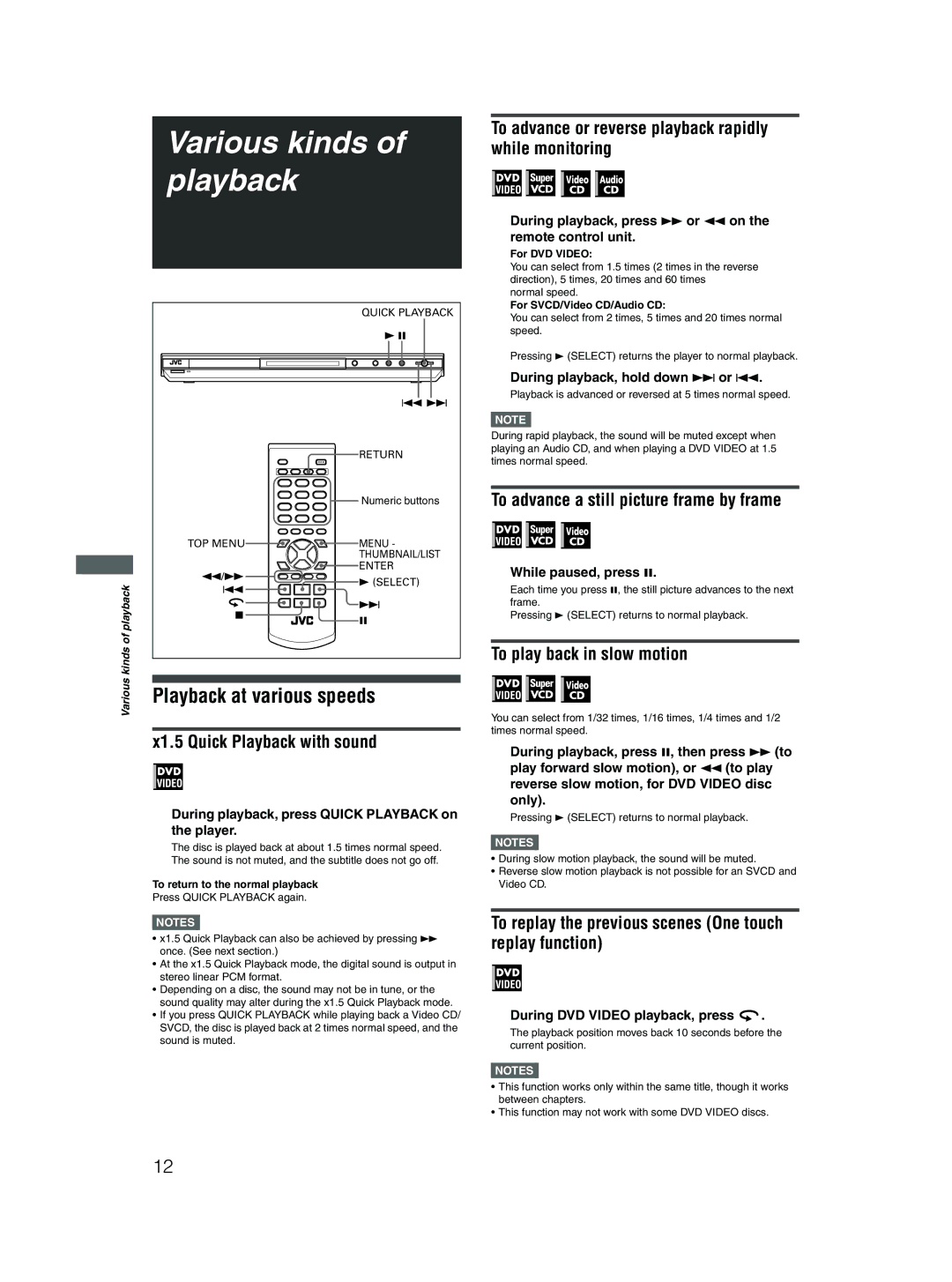 JVC XV-N316S, XV-N315B, XV-N210B manual Various kinds Playback, Playback at various speeds 