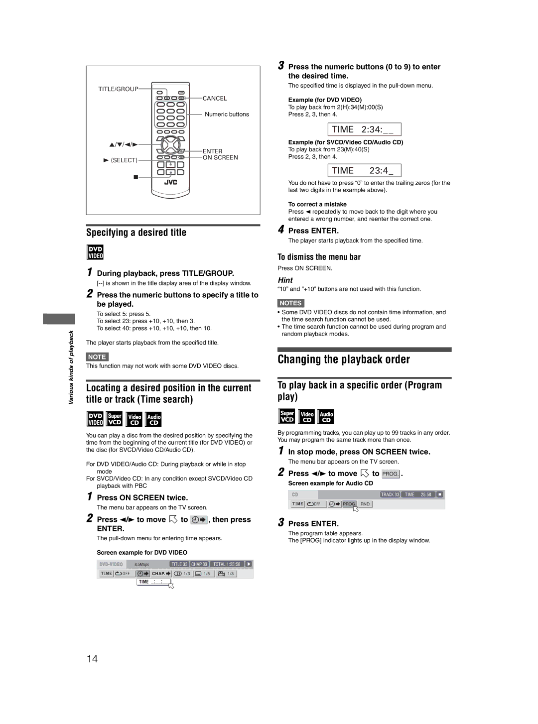 JVC XV-N210B, XV-N315B, XV-N316S manual Changing the playback order, Specifying a desired title, Title or track Time search 