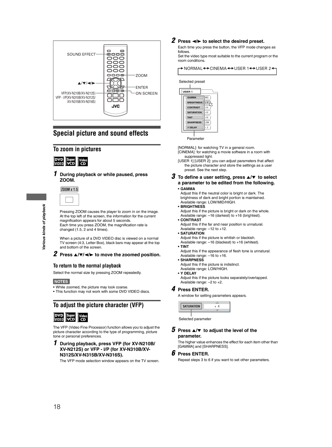 JVC XV-N316S, XV-N315B manual Special picture and sound effects, To zoom in pictures, To adjust the picture character VFP 